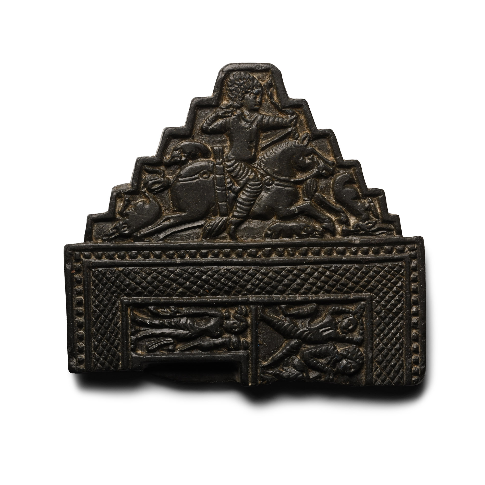 Sassanian Black Stone Fragment with Hunting and Battle Scenes