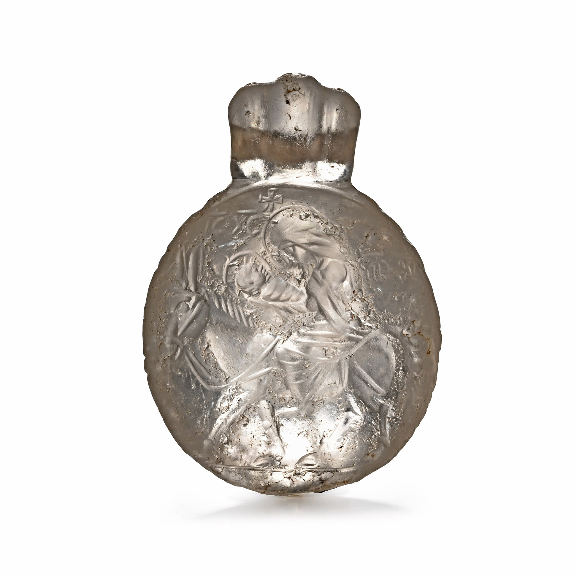 Byzantine Rock Crystal Pendant with Cross and Christ Riding a Donkey