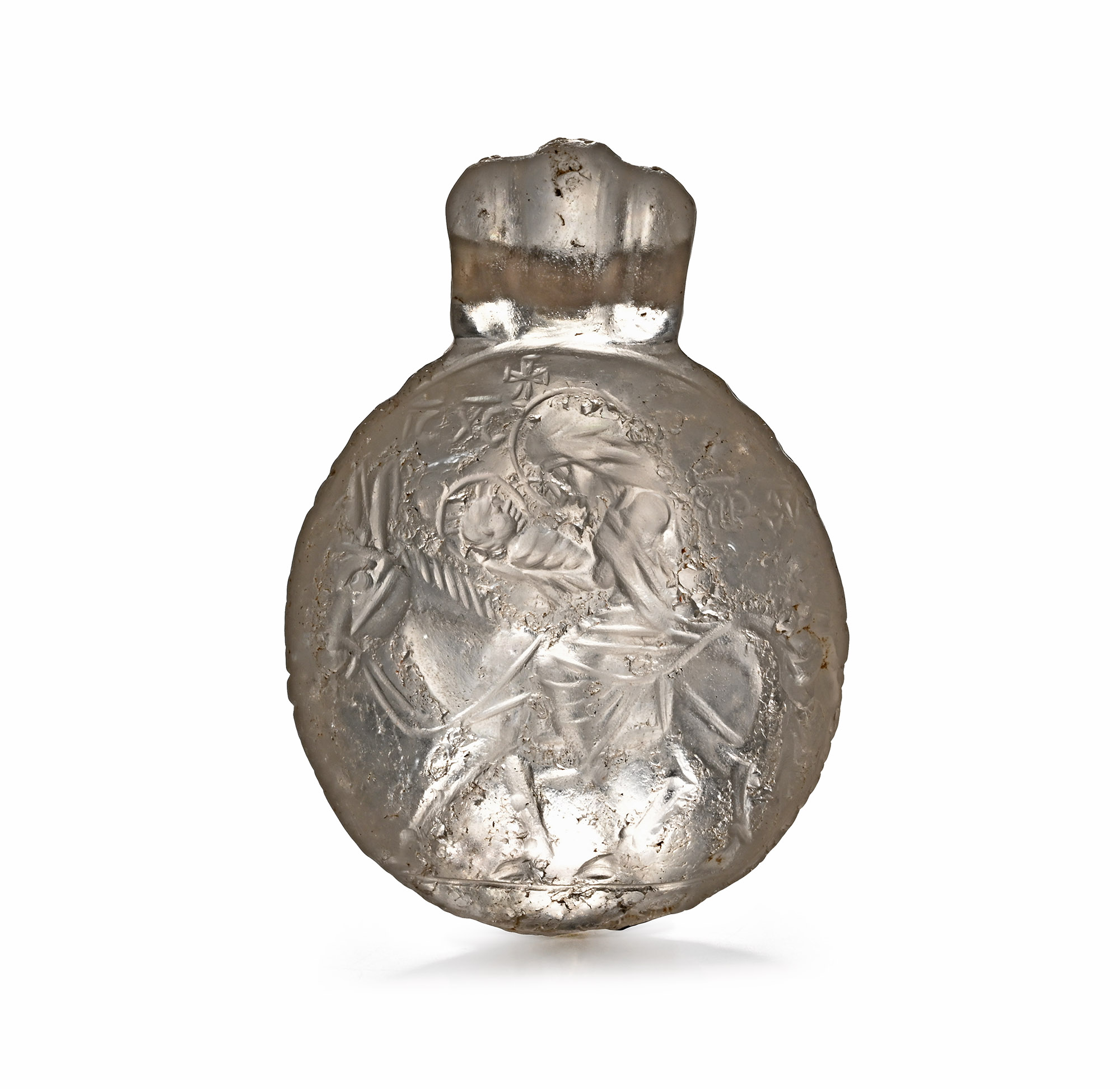 Byzantine Rock Crystal Pendant with Cross and Christ Riding a Donkey