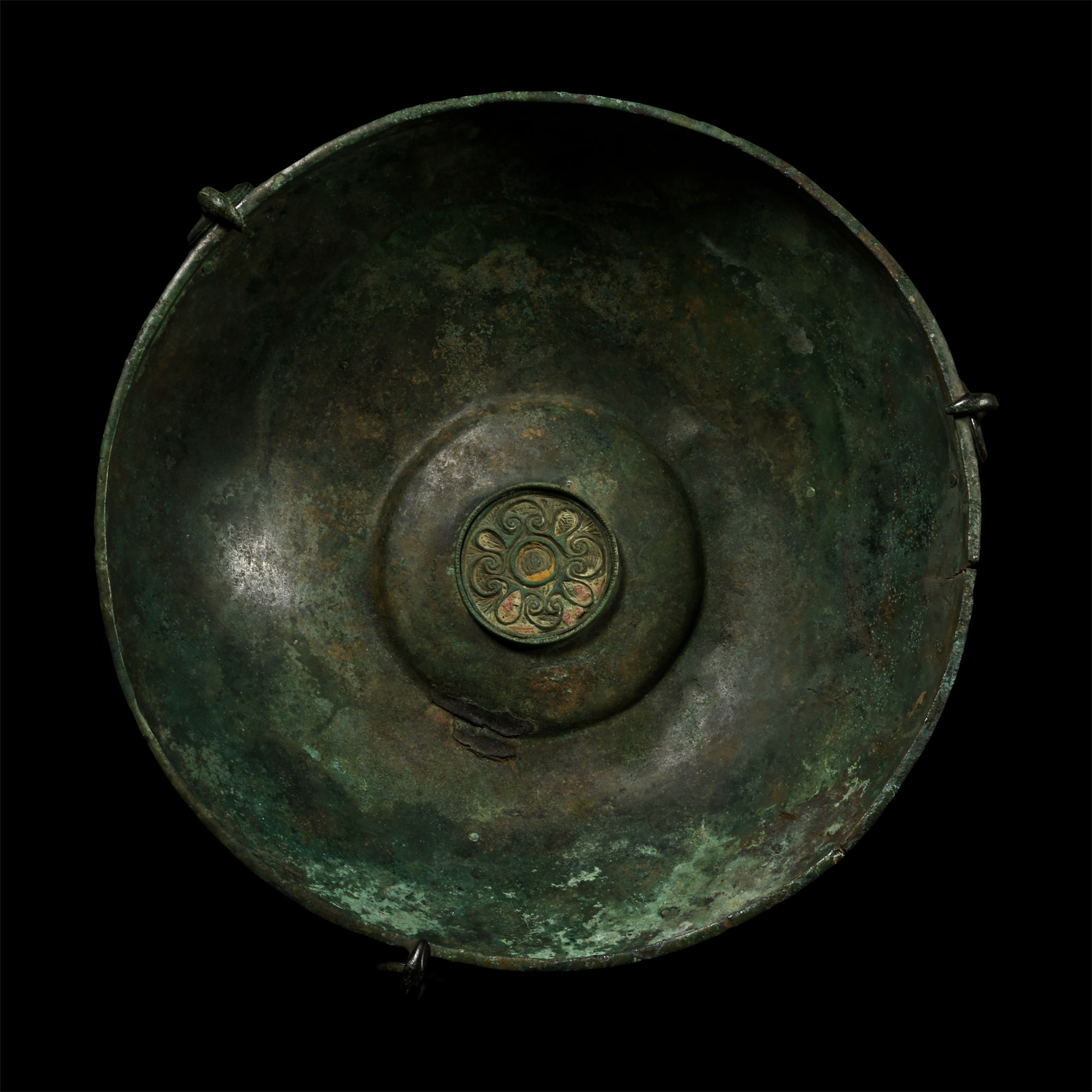 High-Status 'Ryedale' Anglo-Saxon Bronze Hanging Bowl with Enamelled Chip-Carved Mounts
