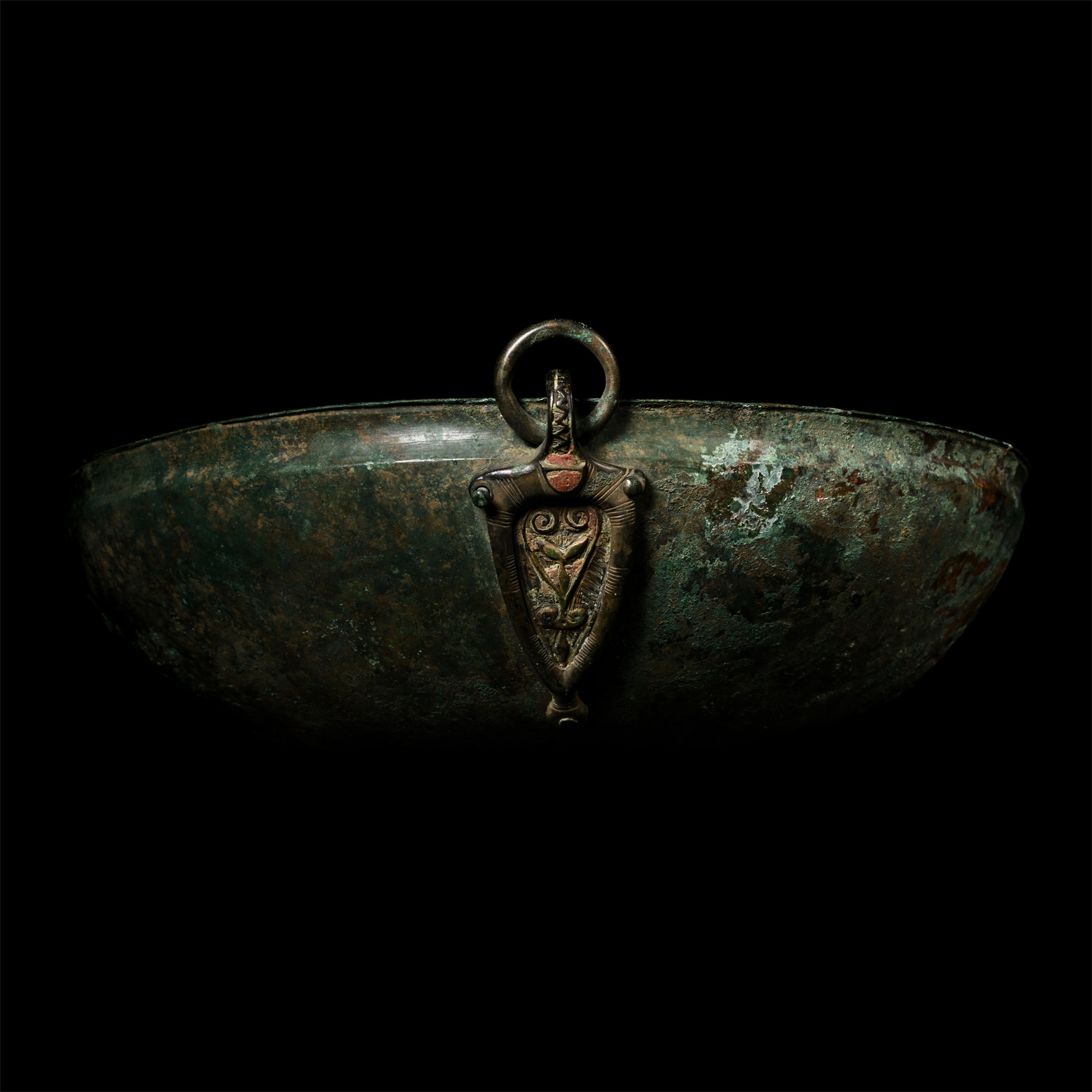 High-Status 'Ryedale' Anglo-Saxon Bronze Hanging Bowl with Enamelled Chip-Carved Mounts