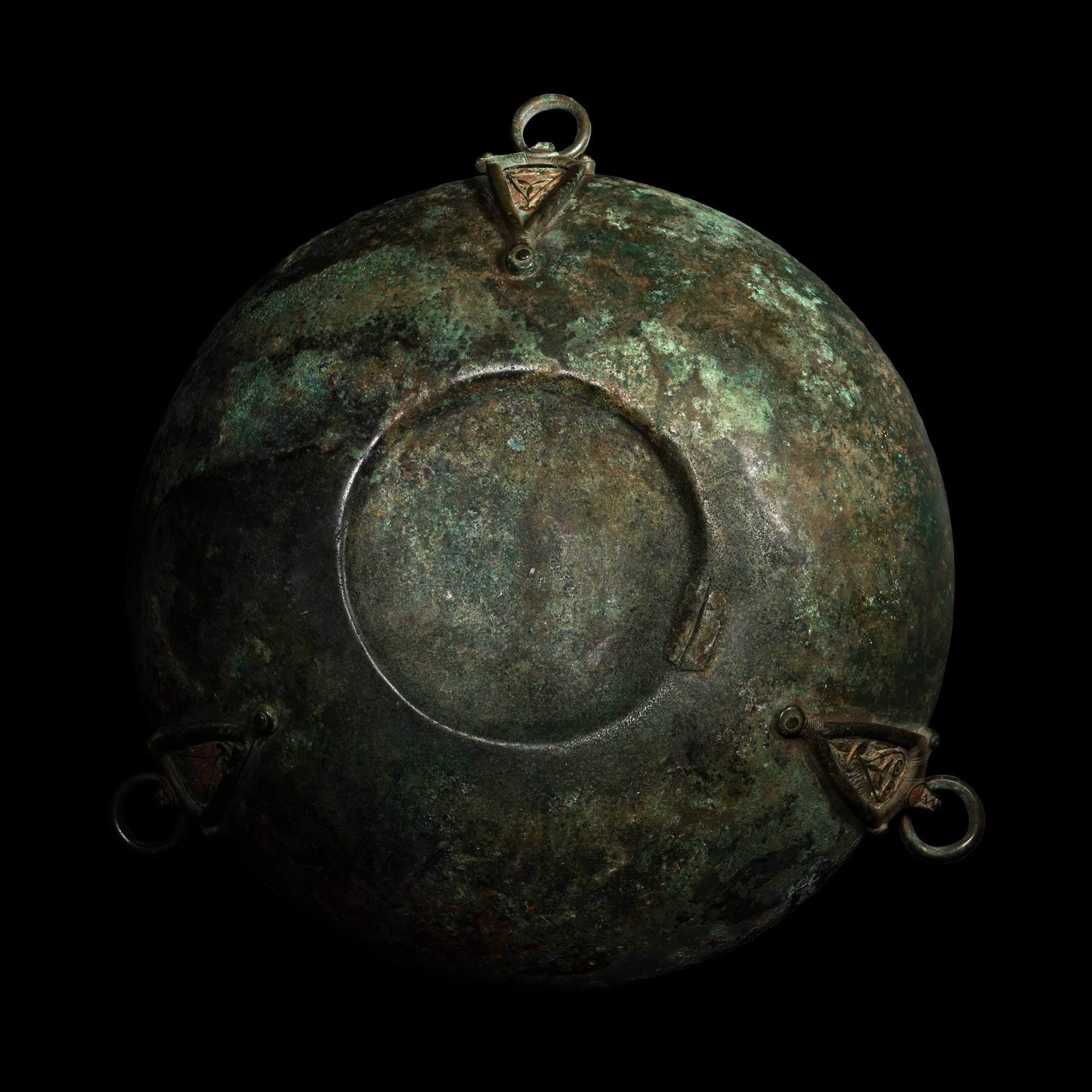 High-Status 'Ryedale' Anglo-Saxon Bronze Hanging Bowl with Enamelled Chip-Carved Mounts