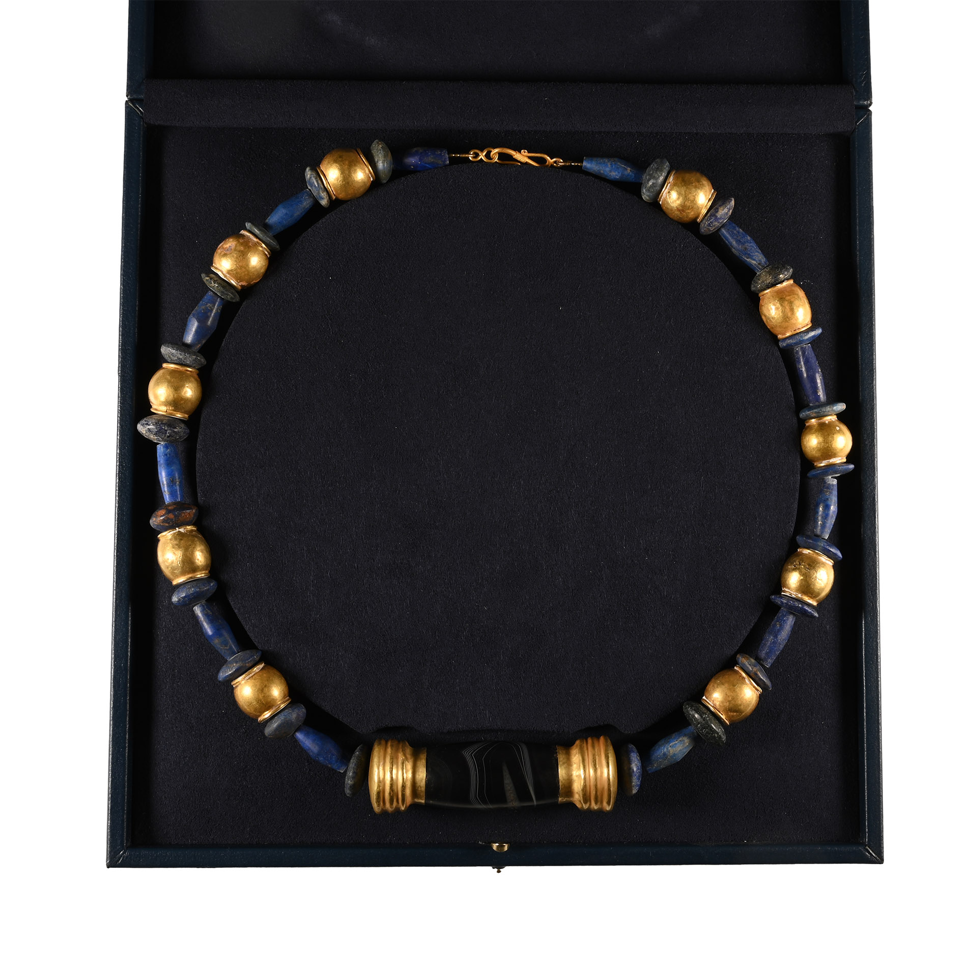 Bactrian Lapis and Gold Necklace with Gold-Capped Central Bead