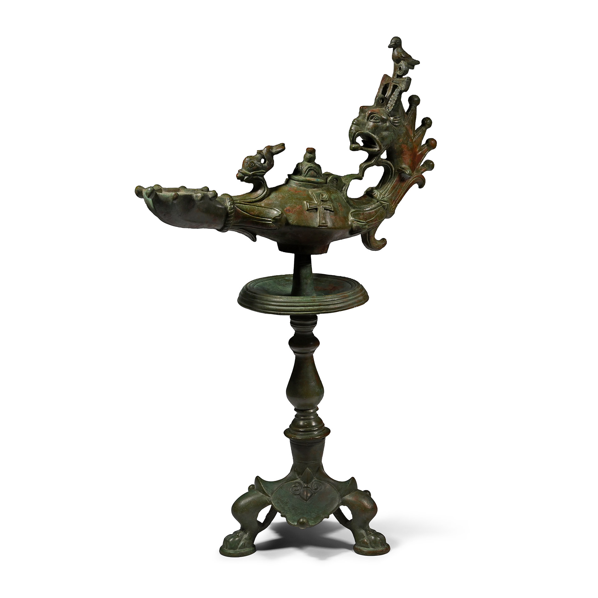 Late Roman Bronze Oil Lamp with Gryphon Handle and Stand
