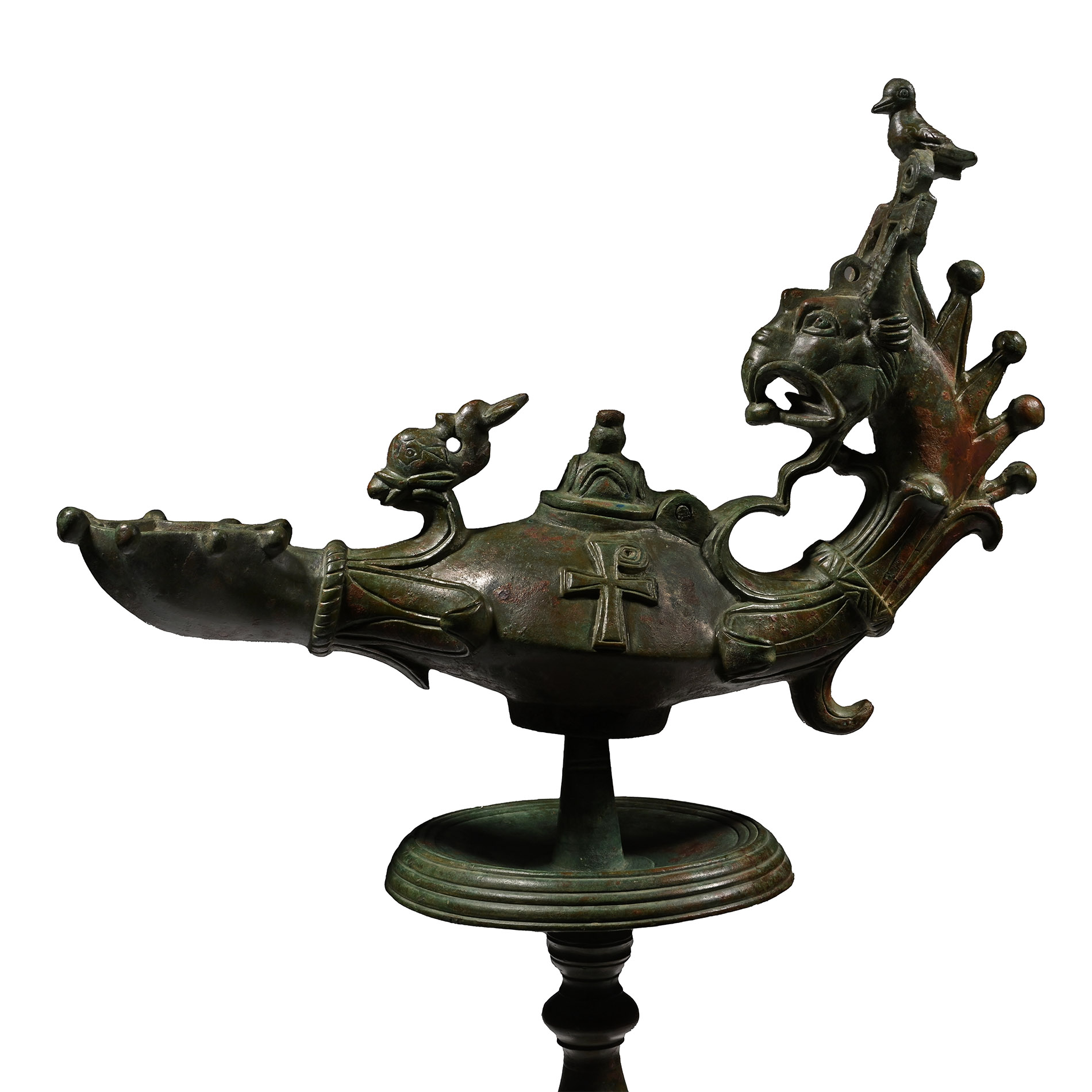 Late Roman Bronze Oil Lamp with Gryphon Handle and Stand