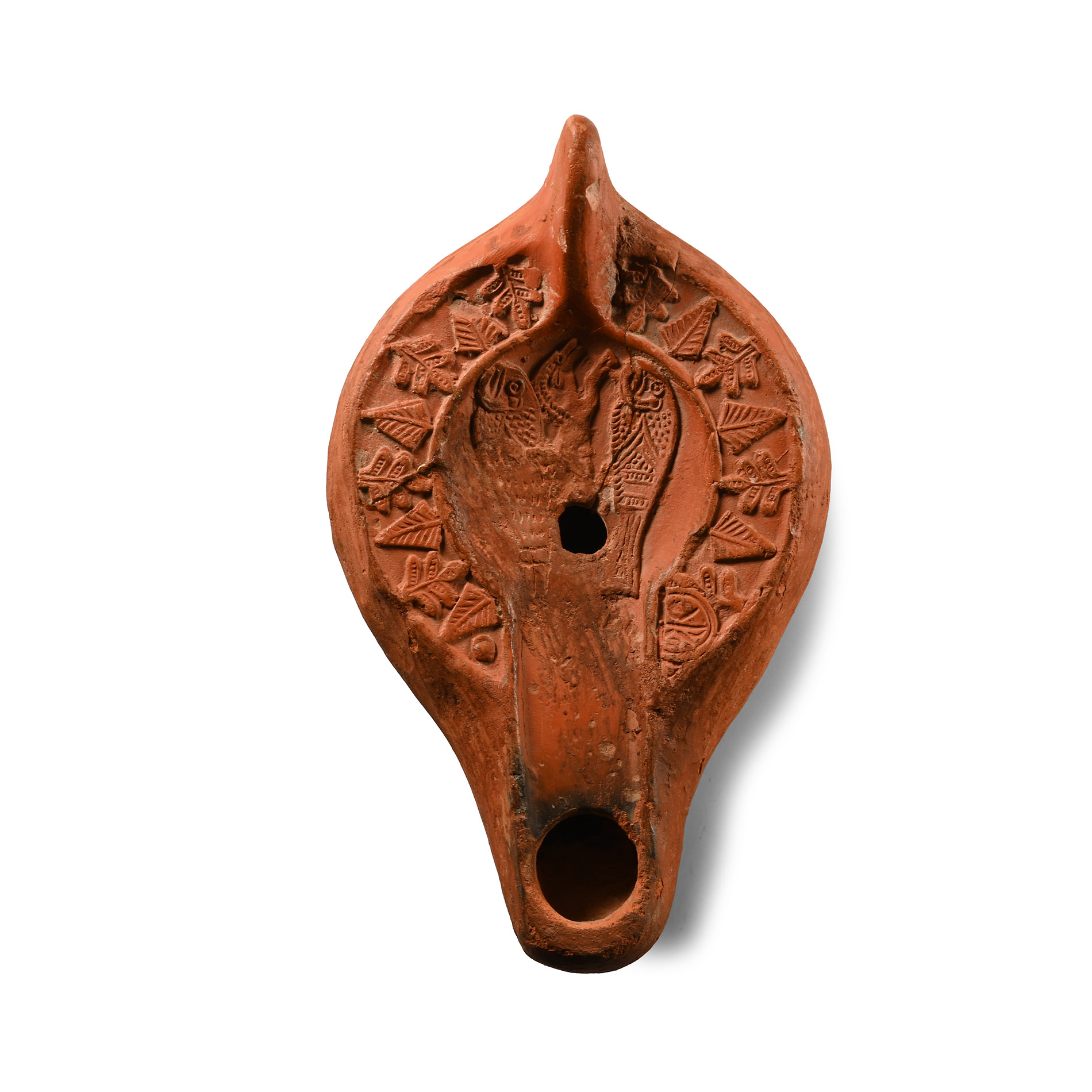 Late Roman Redware Oil Lamp with Boar and Fish