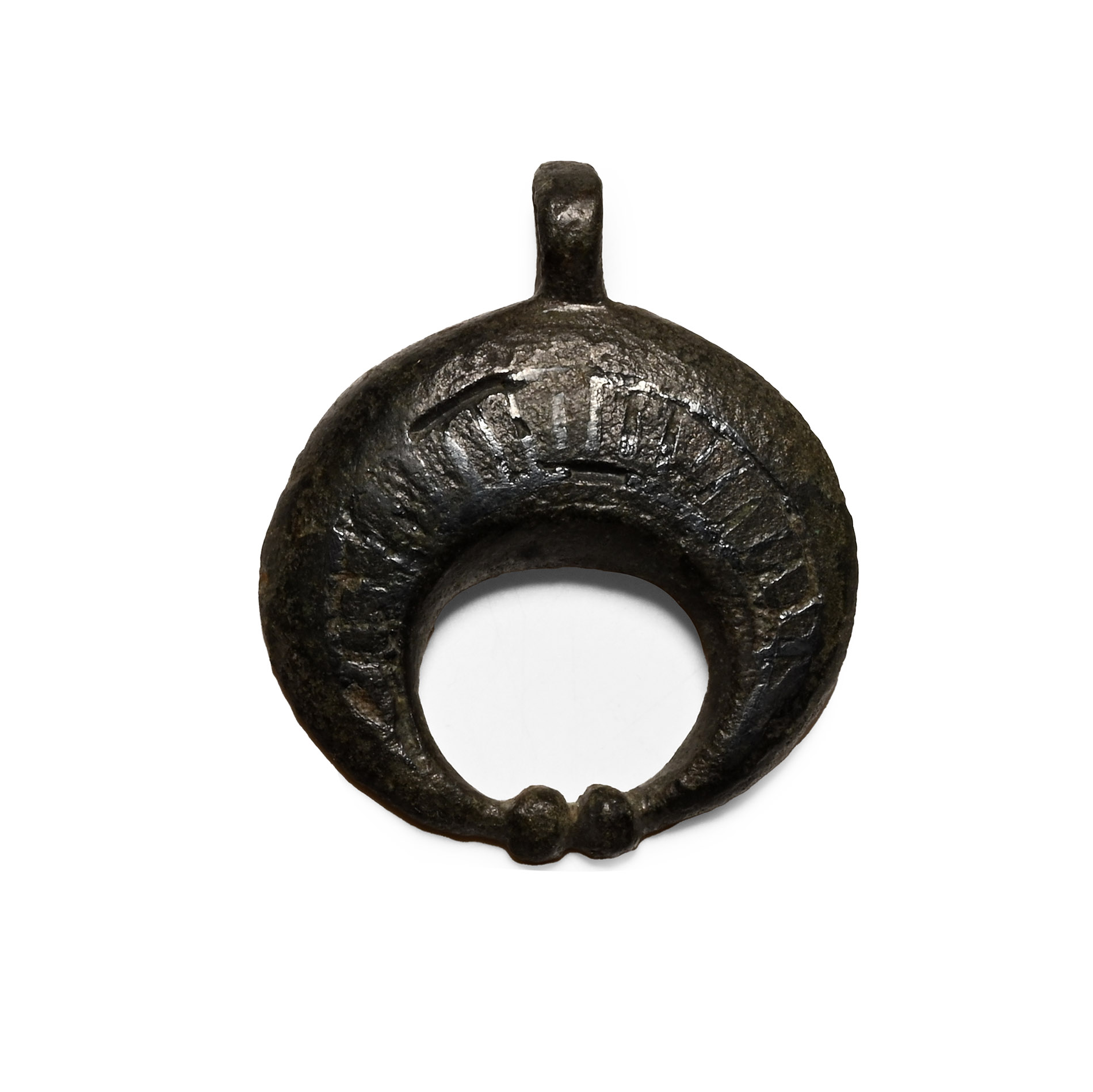 Roman Bronze Lunar Military Pendant with Niello