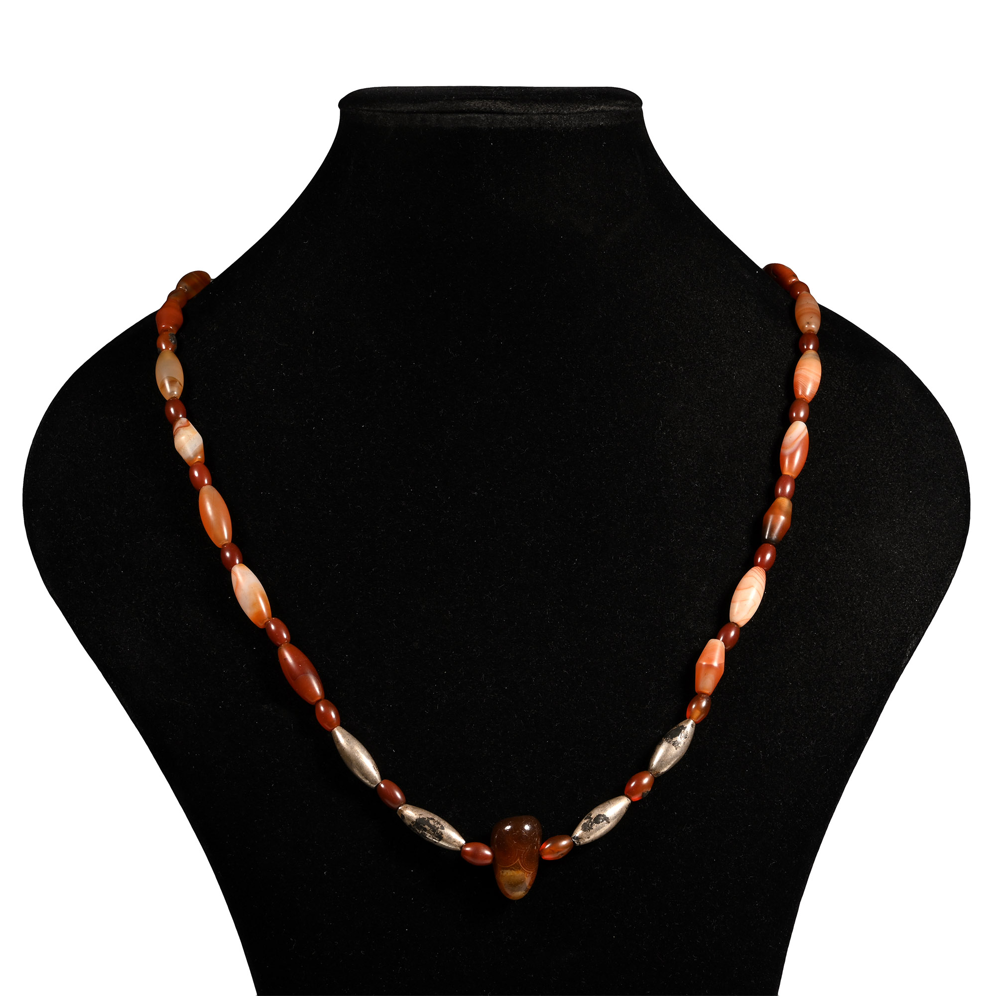 Western Asiatic Carnelian, Agate and Silver Bead Necklace String