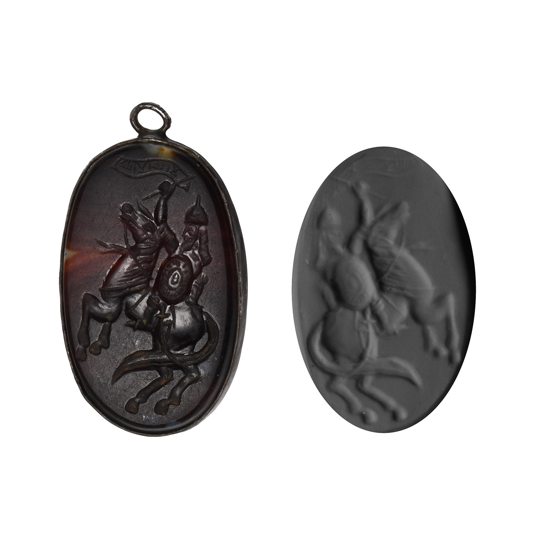 Western Asiatic Agate Gemstone with Mounted Warrior in Silver Pendant