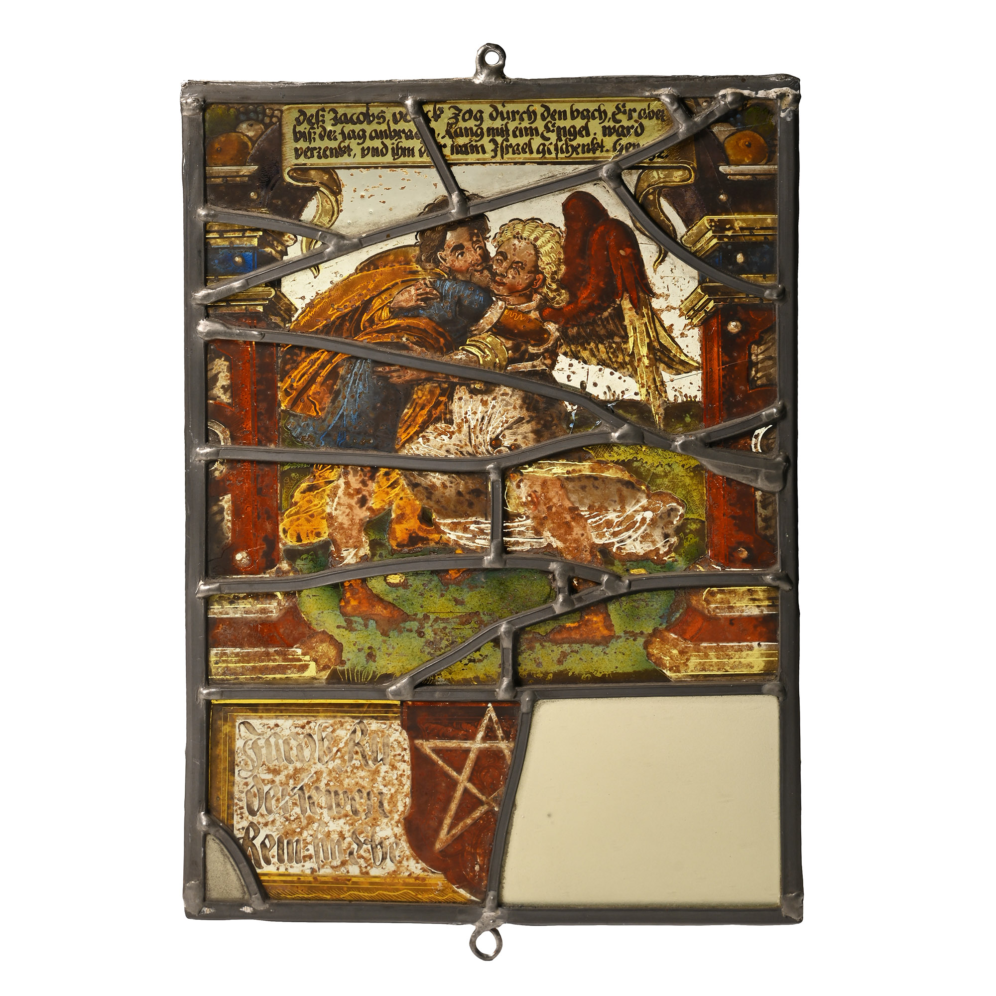 Heraldic Stained Glass Panel Showing Jacob and the Angel