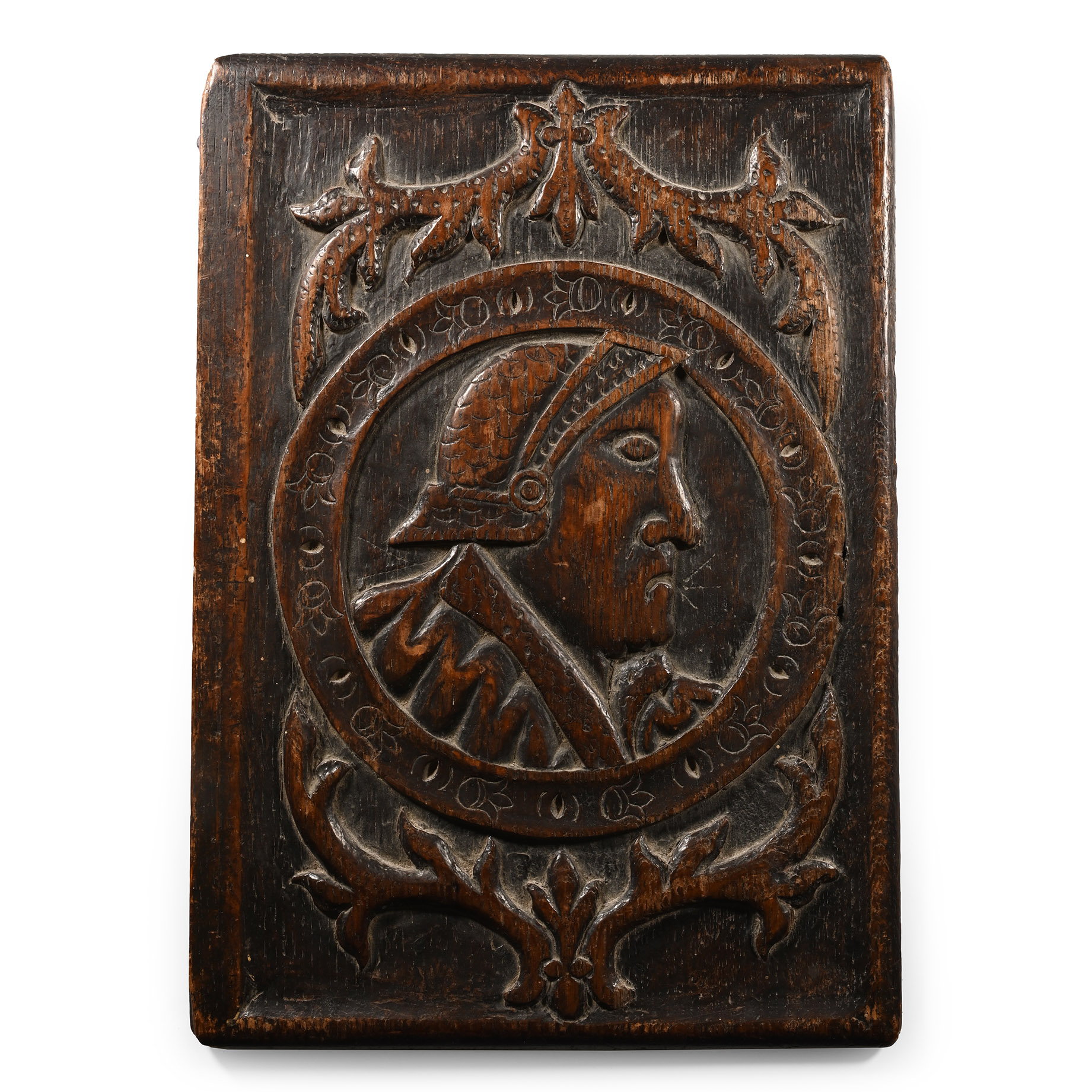 Tudor Wooden Plaque with Helmetted Figure