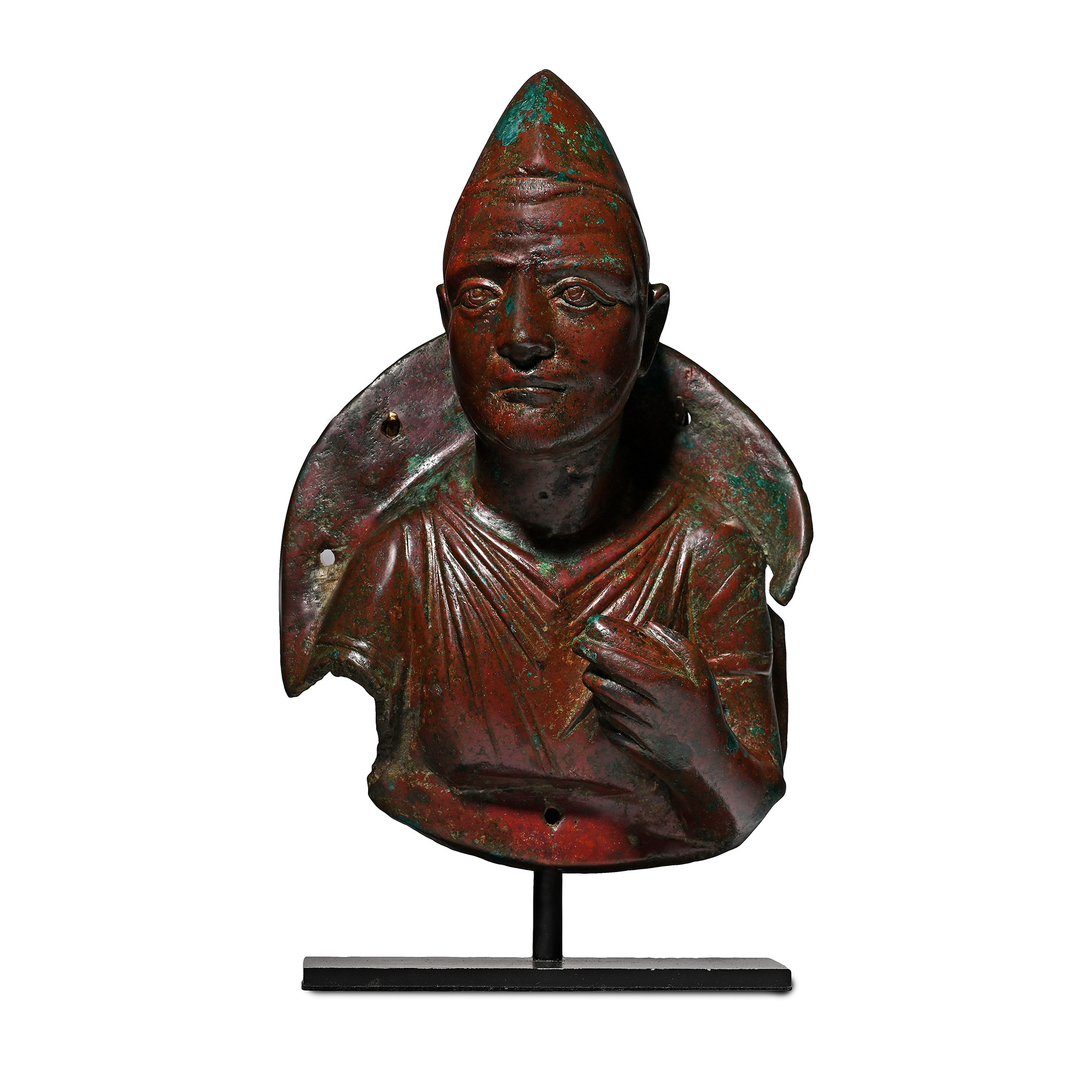Large Roman Bronze Chariot Fitting with Imago Clipeata of a Priest of Mithras