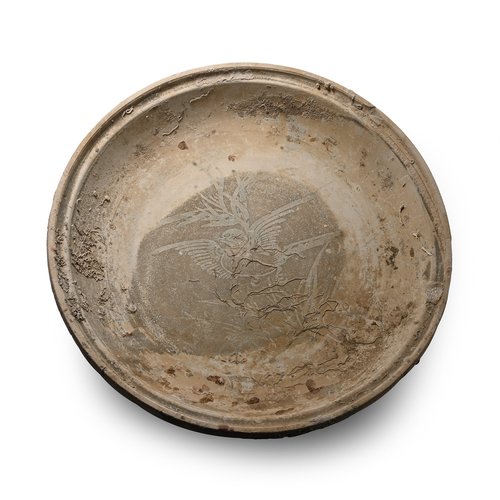 Large Sea Encrusted Hoi An Cargo Shipwreck Glazed Plate with Bird