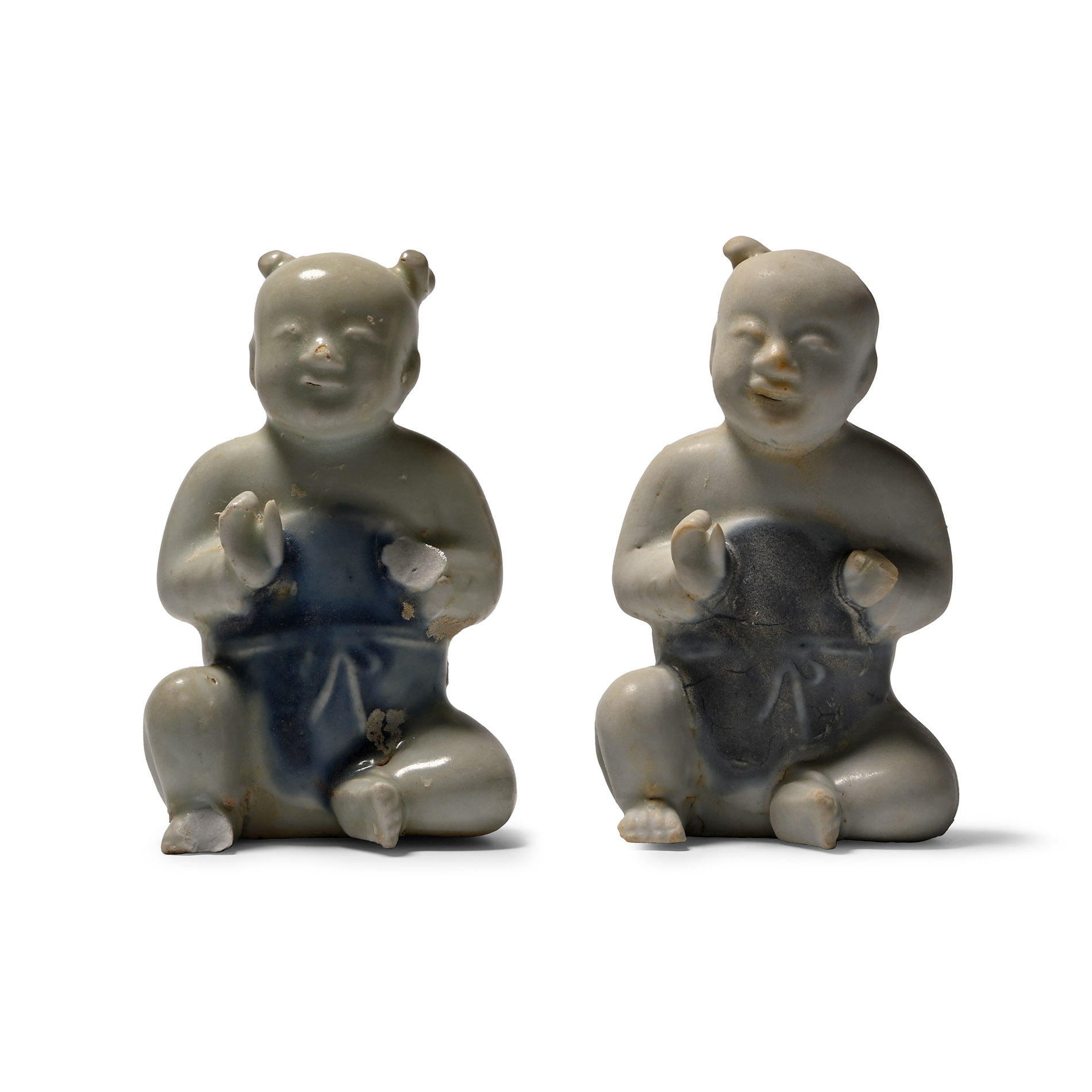 Ca Mau Cargo Shipwreck Glazed Blue and White Child Figurine Pair