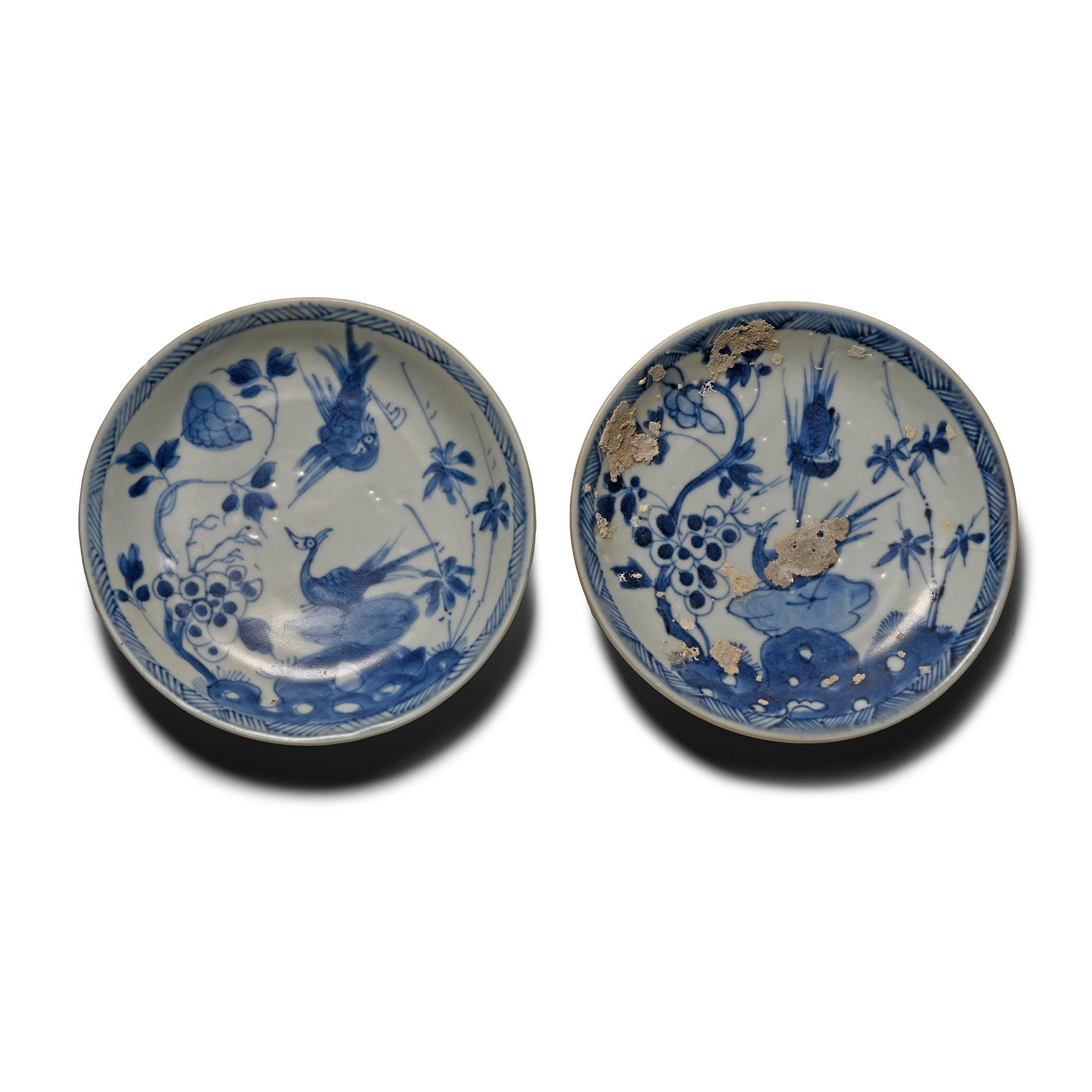 Ca Mau Cargo Shipwreck Glazed Blue and White Tea Saucer Pair with Birds