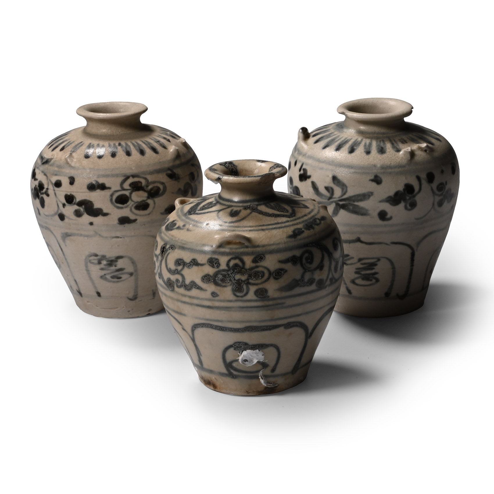 Hoi An Cargo Shipwreck Glazed Blue and White Vase Trio