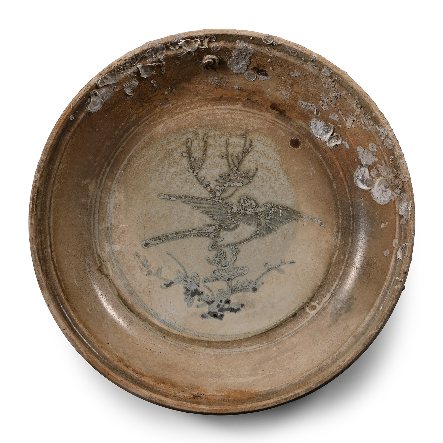 Large Hoi An Cargo Shipwreck Glazed Blue and White Plate with Bird