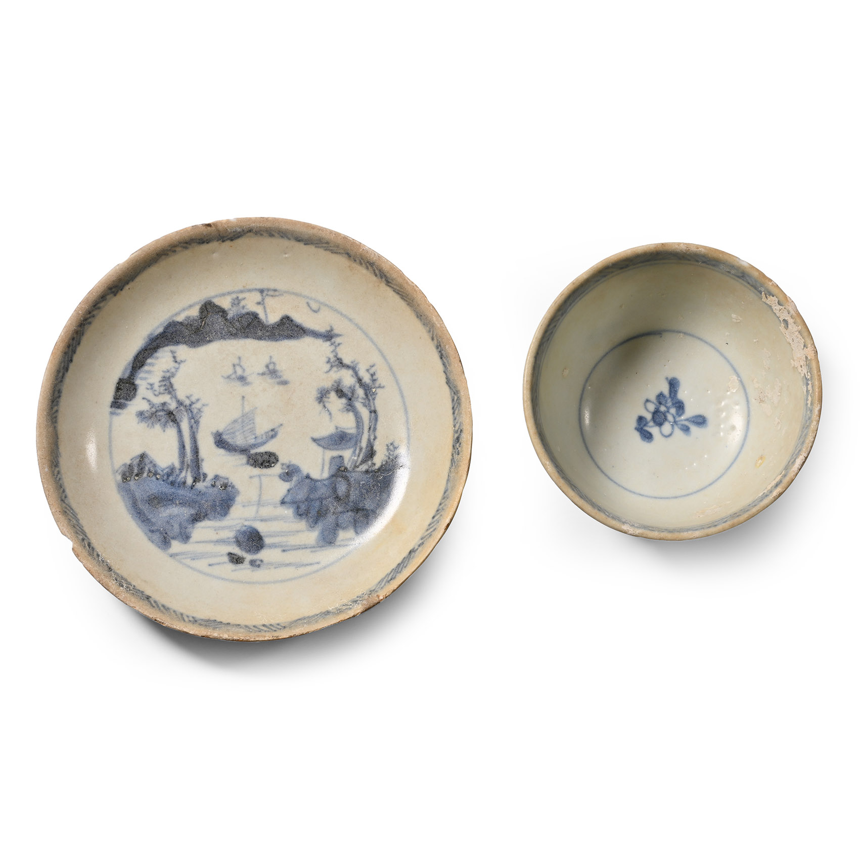 Ca Mau Cargo Shipwreck Glazed Blue and White Tea Cup and Saucer with Fisherman Scene