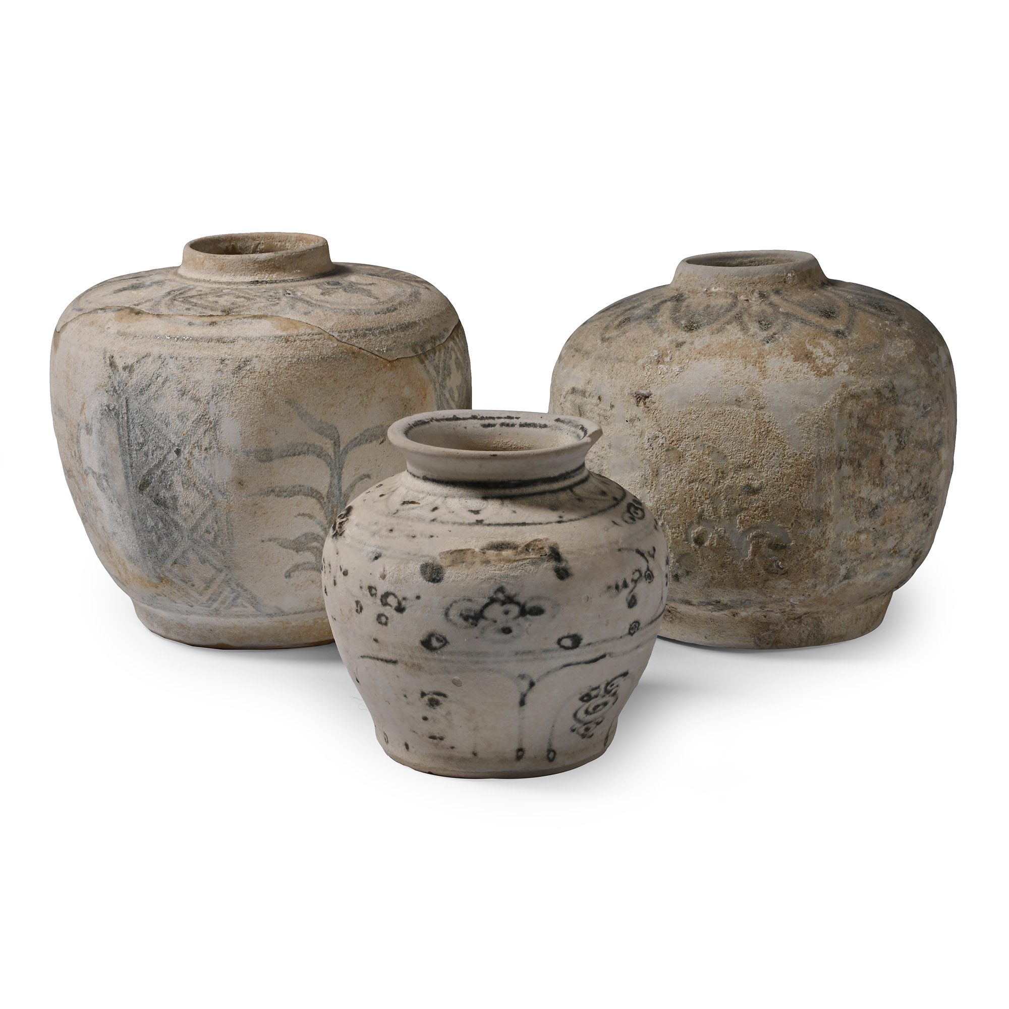 Hoi An Cargo Shipwreck Glazed Blue and White Vase Trio