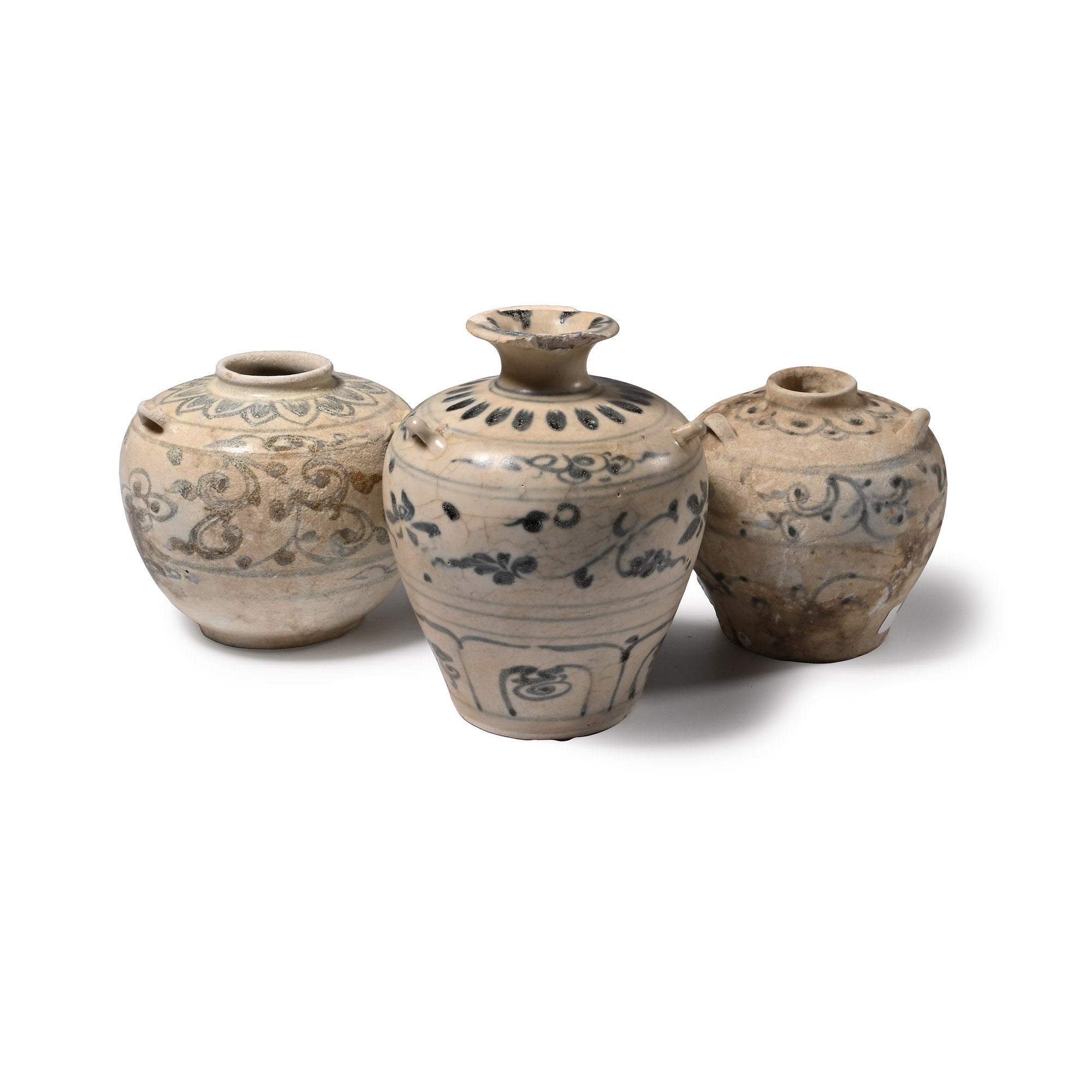 Hoi An Cargo Shipwreck Glazed Blue and White Vase Trio