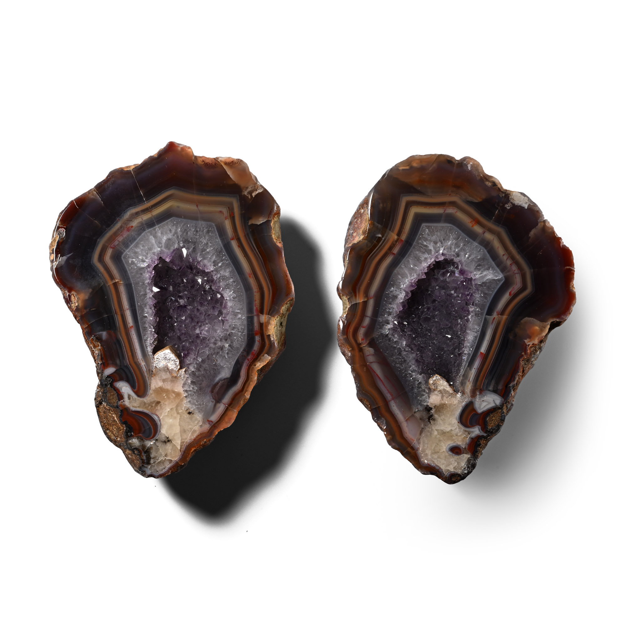Large Cut and Polished Malawi Agate Crystal Geode Pair