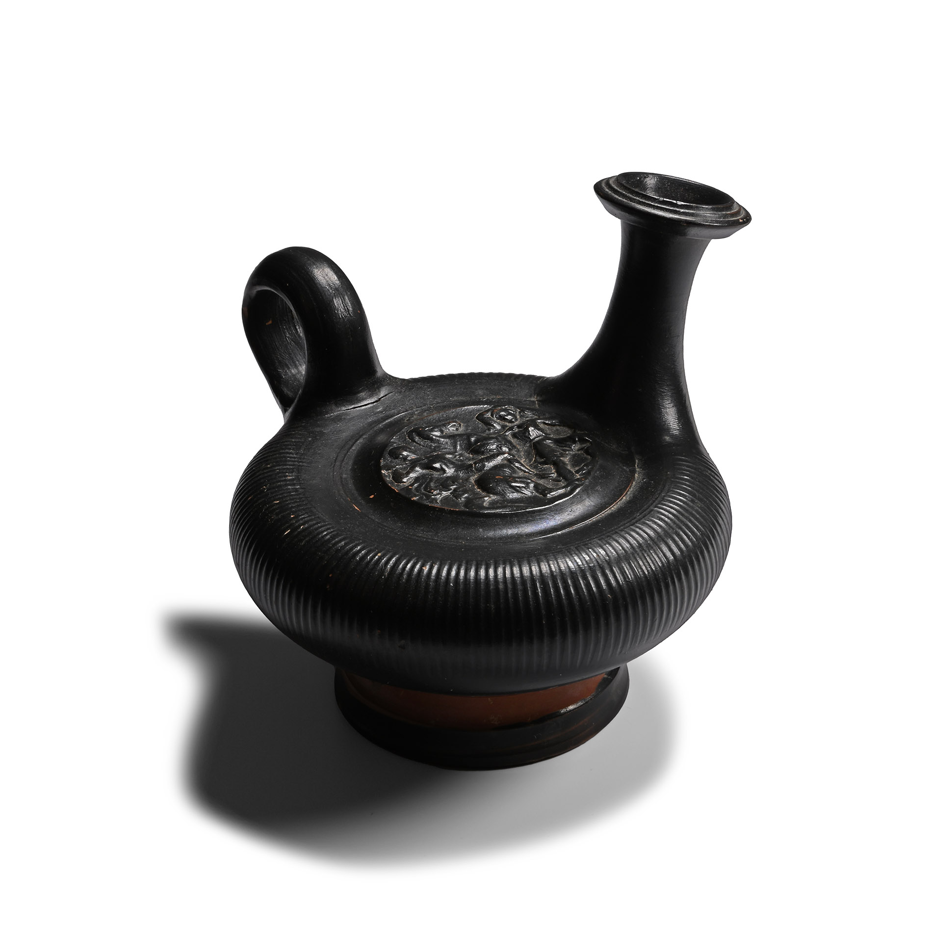 Greek Black-Glazed Guttos with Horseman Spearing an Amazon
