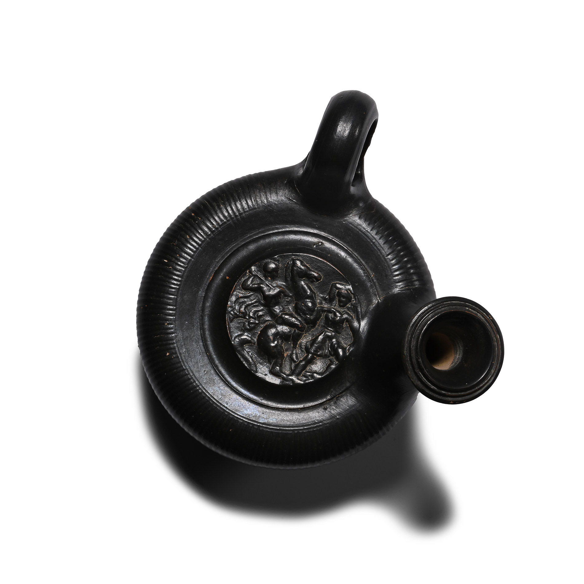 Greek Black-Glazed Guttos with Horseman Spearing an Amazon