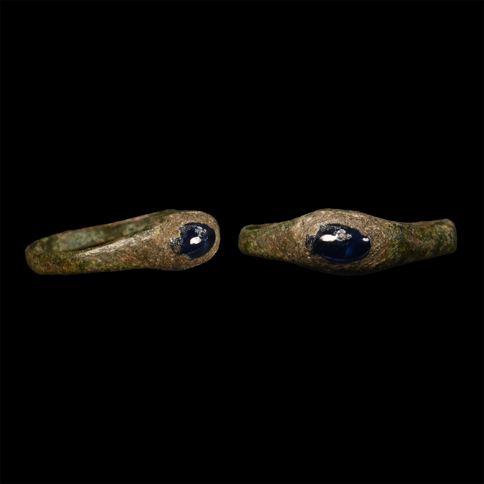 Medieval Bronze Bishop's Stirrup Ring with Sapphire Cabochon