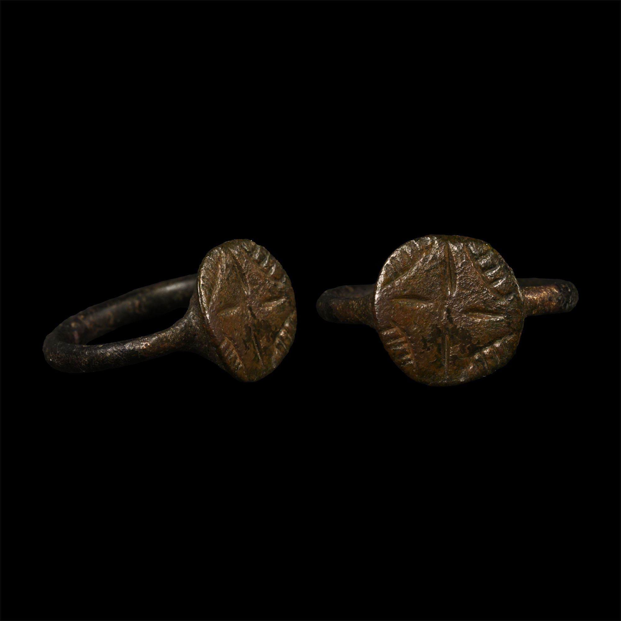 Medieval Bronze Glove Ring with Cross Motif