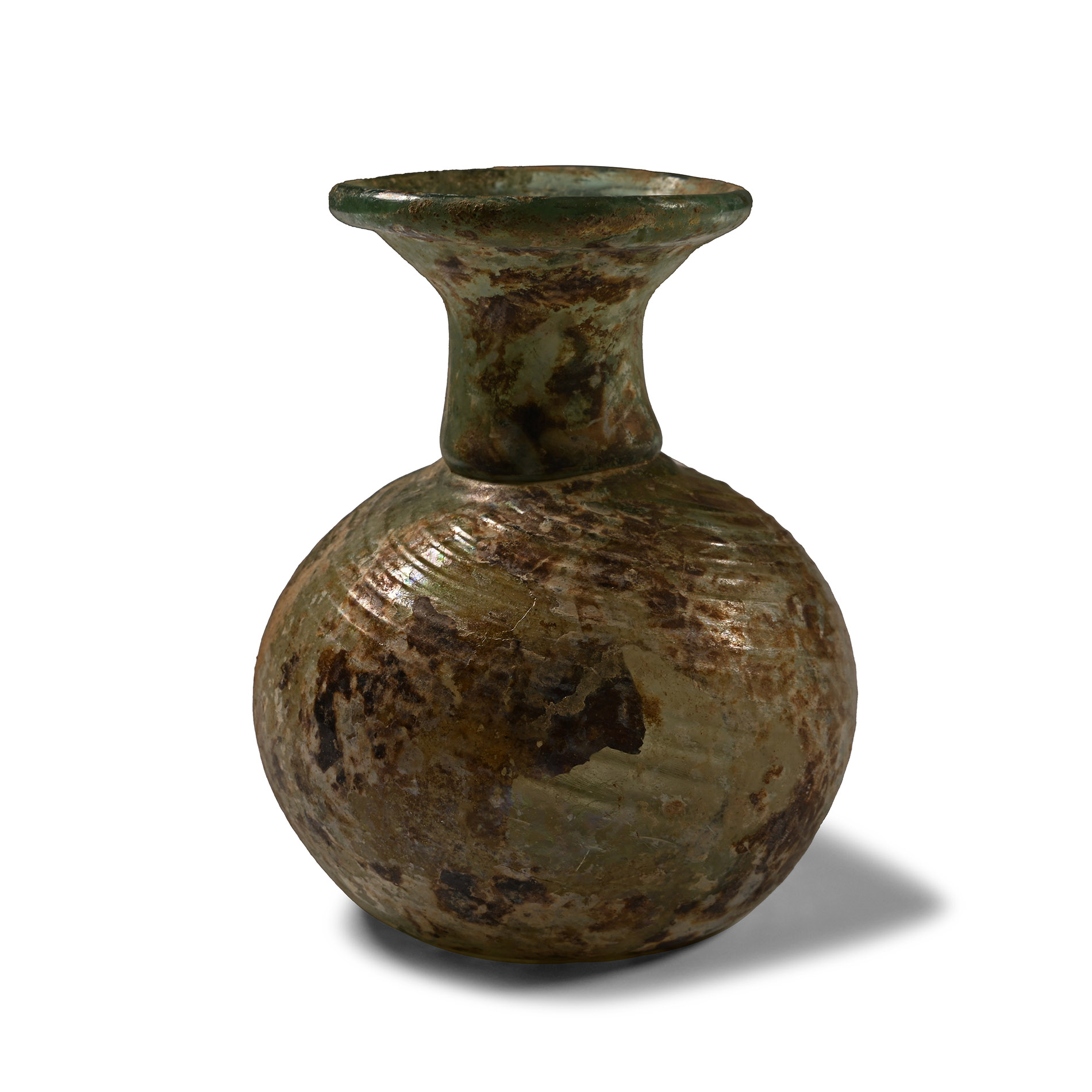Roman Green Glass Patterned Flask