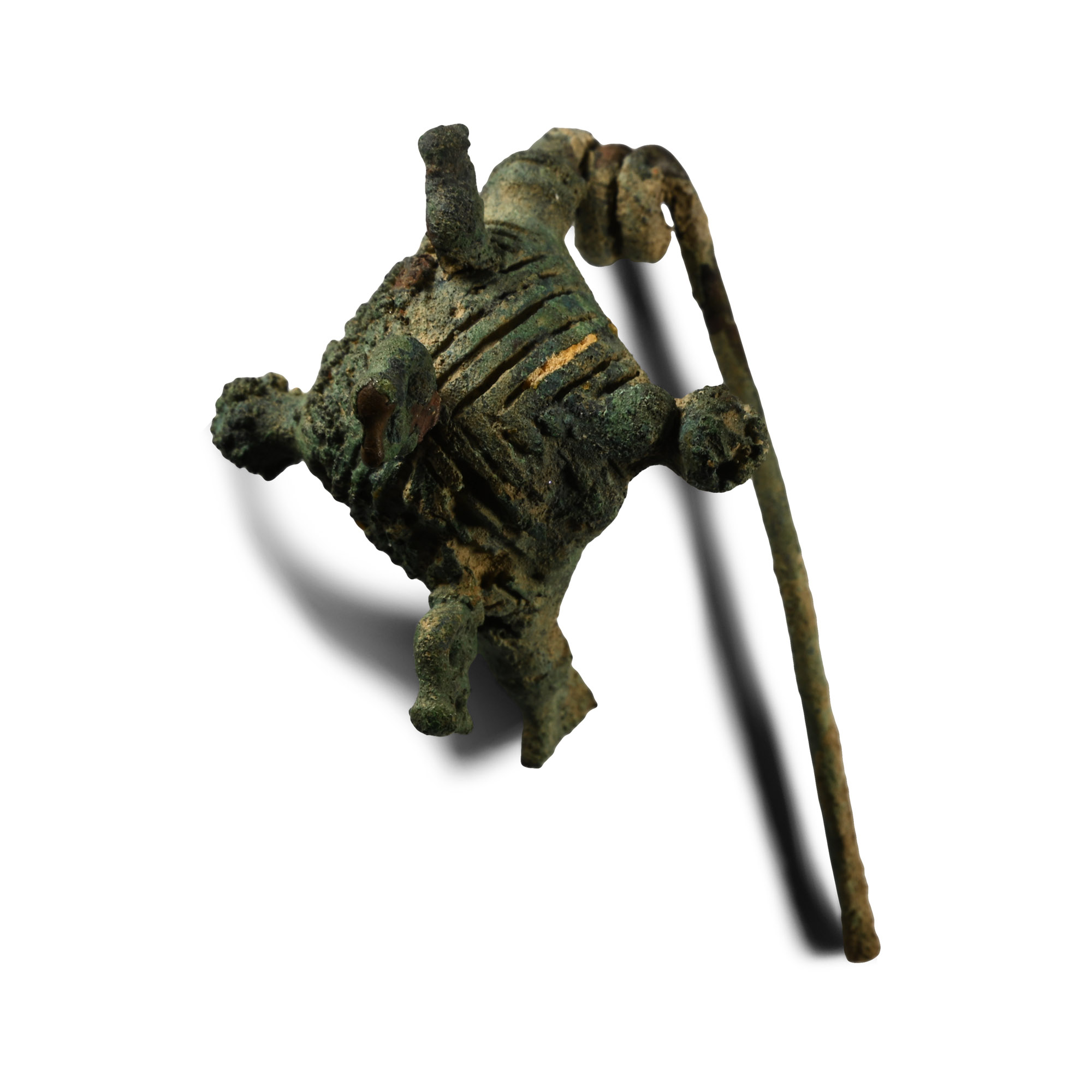 Italic Navicella Bronze Fibula with Figural Decoration