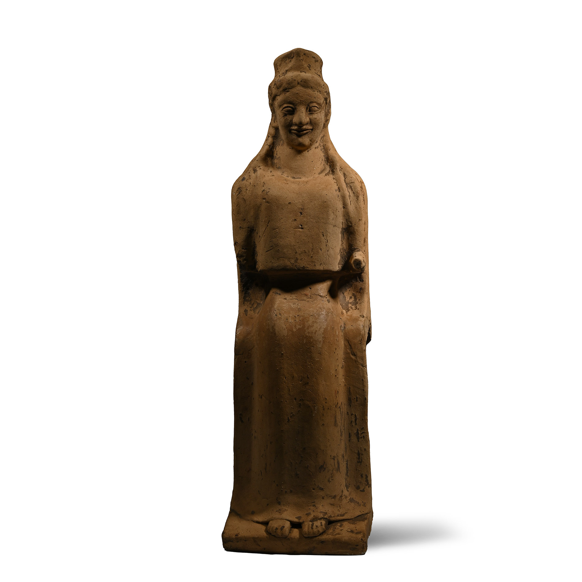 Massive Archaic Greek Terracotta Statuette of a Seated Goddess Demeter