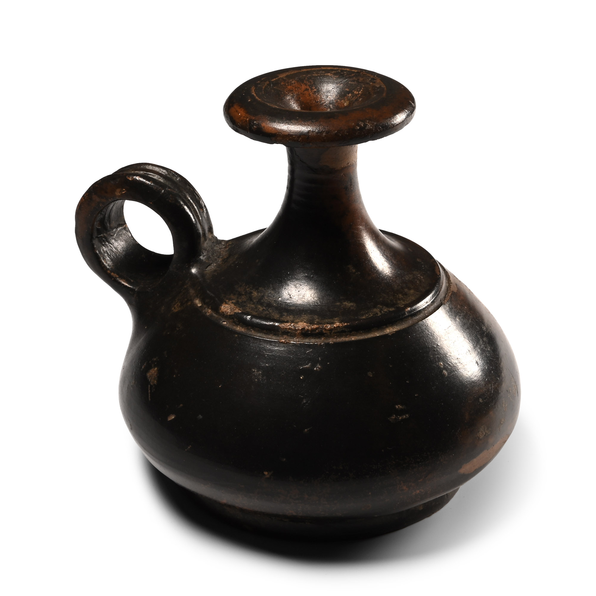 Greek Attic Black-Glazed Terracotta Squat Askos