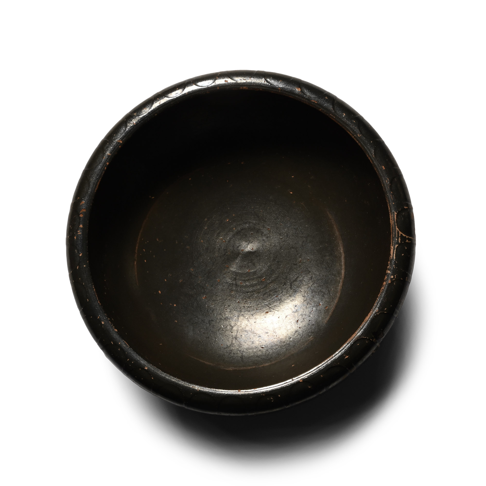 Greek Black-Glazed Terracotta Bowl with Stamped Decoration