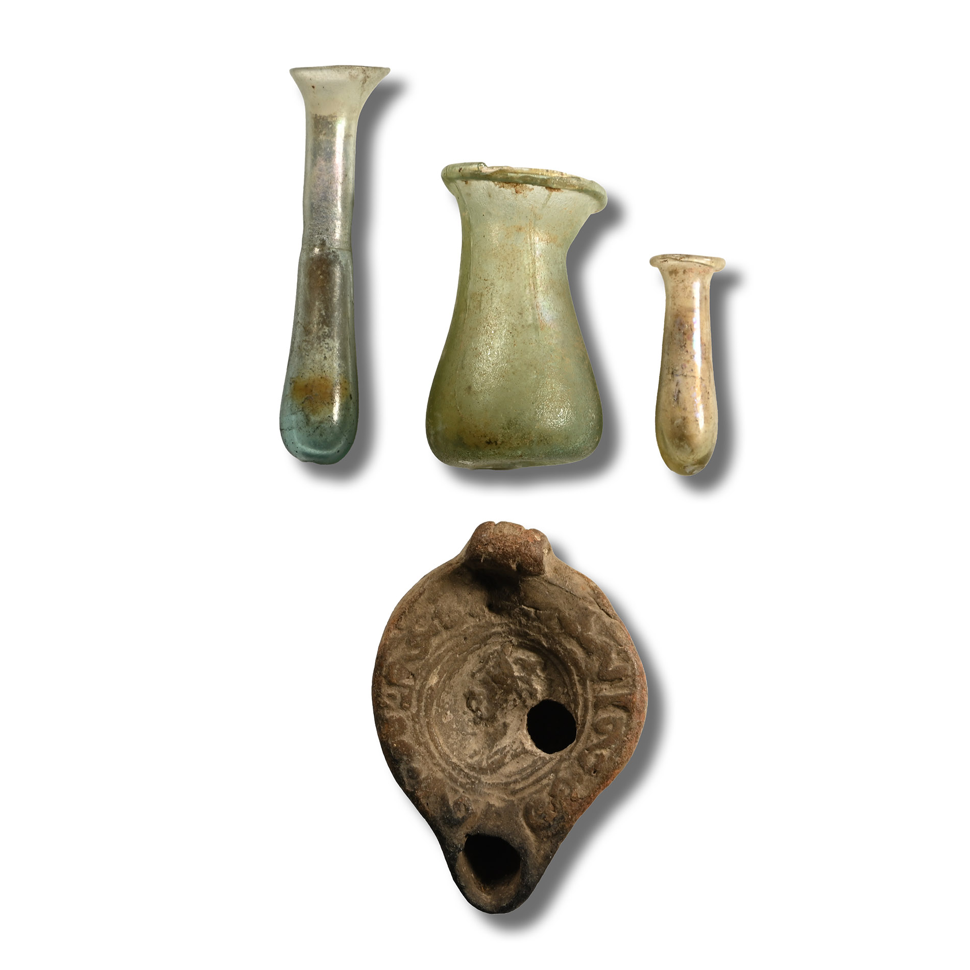 Romano-British Glass Vessel and Terracotta Oil Lamp Group