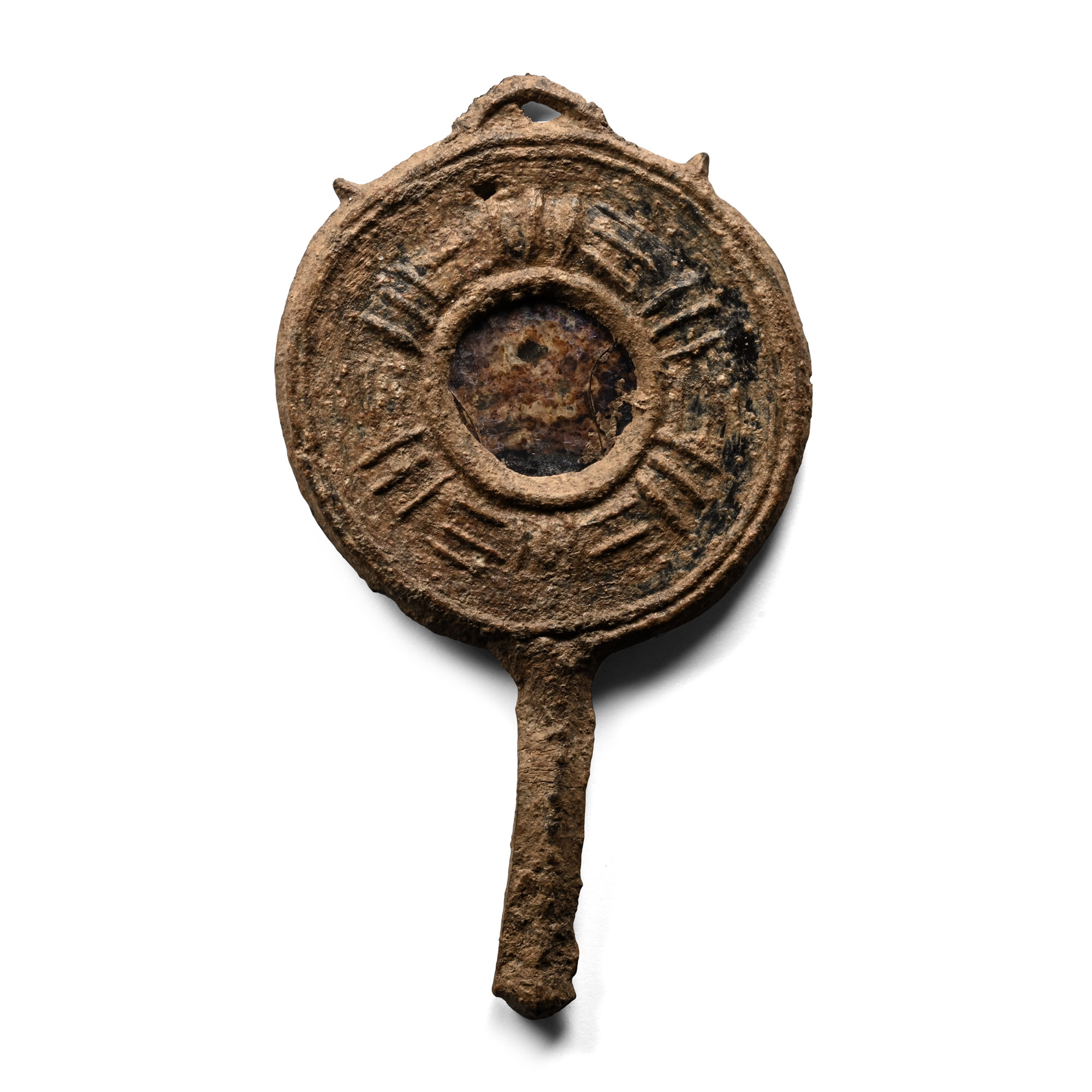 Late Roman Votive Lead Mirror with Glass Still in Situ