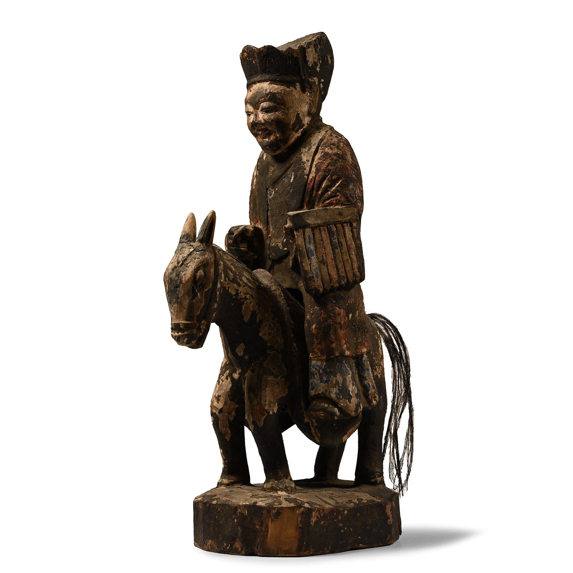Chinese Ming Wooden Temple Figure Seated on a Horse
