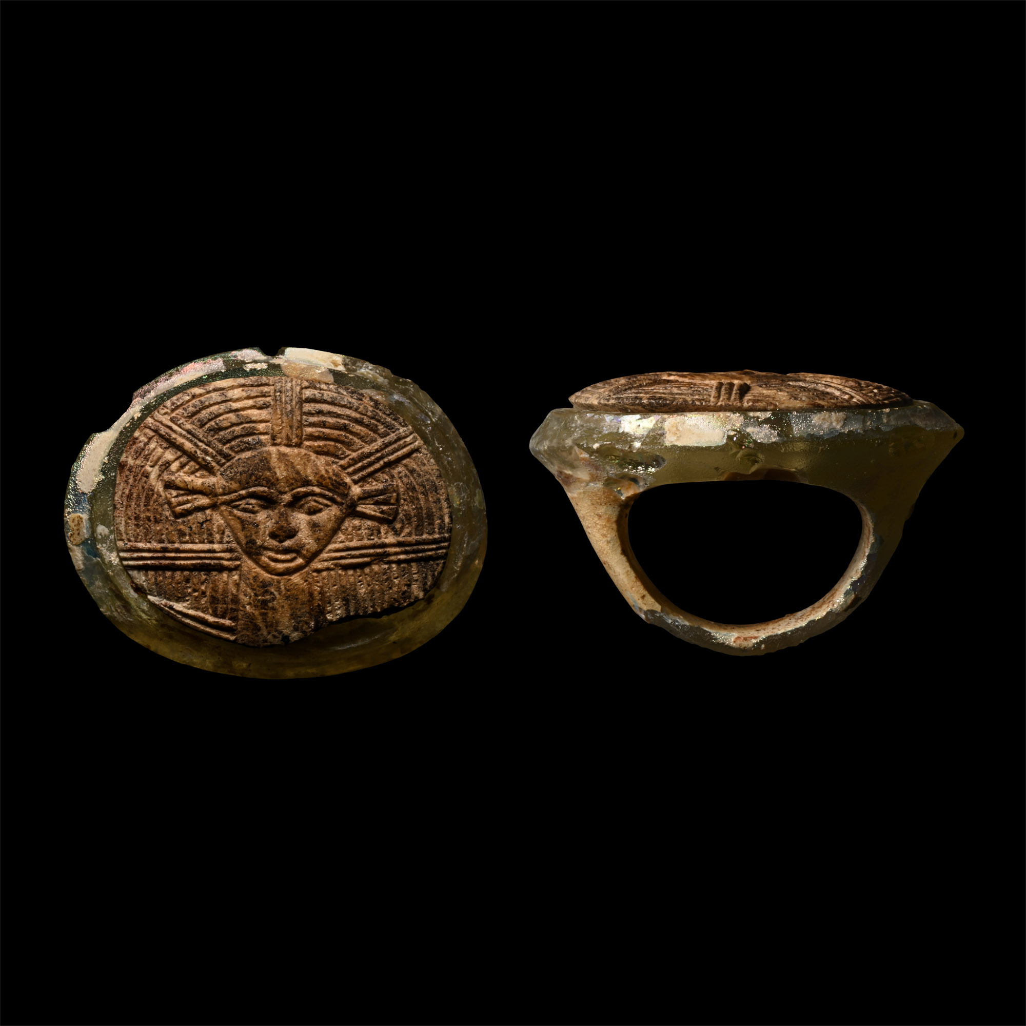 Egyptian Glass Ring with Hathor Cameo