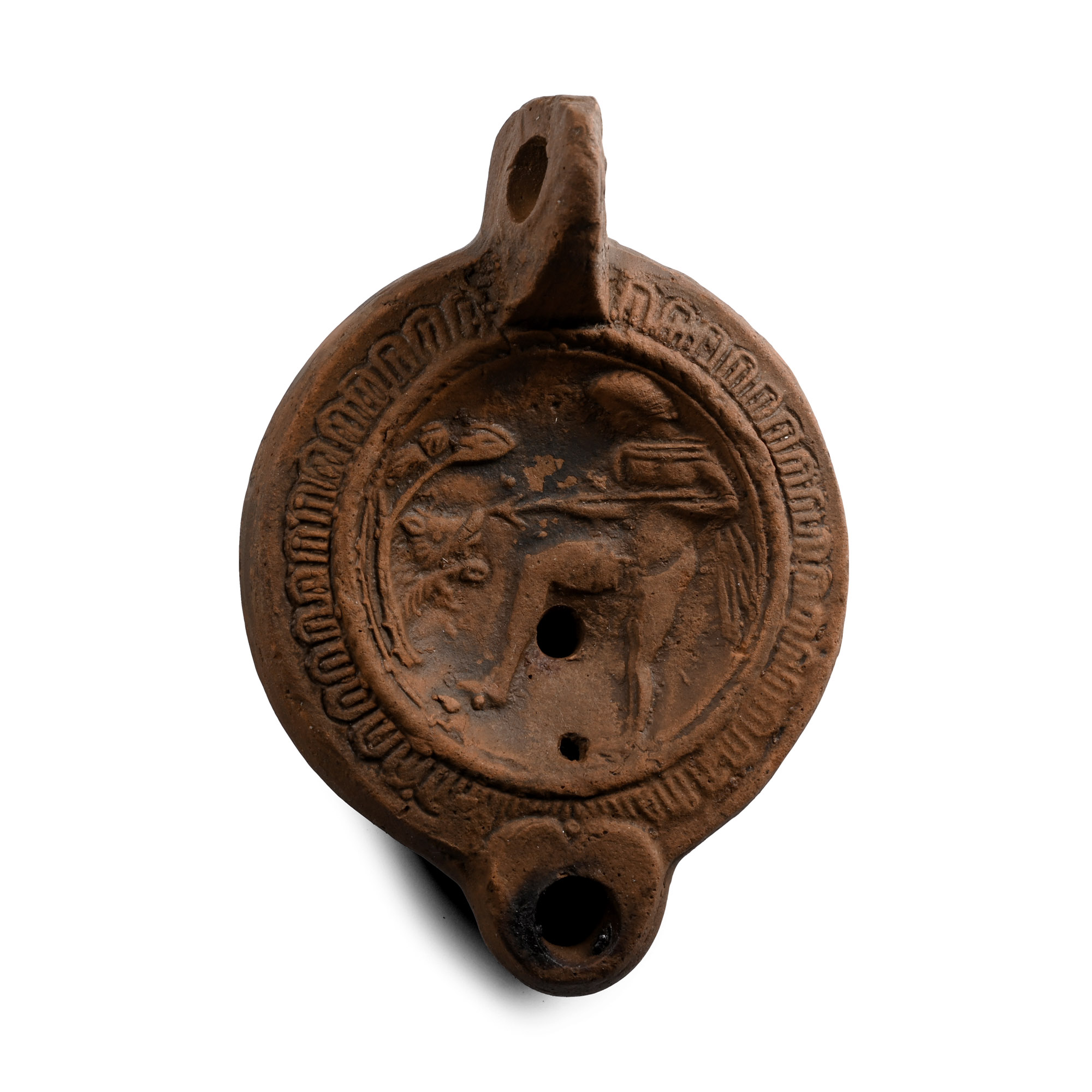 Roman Terracotta Oil Lamp with Hunter Spearing a Boar