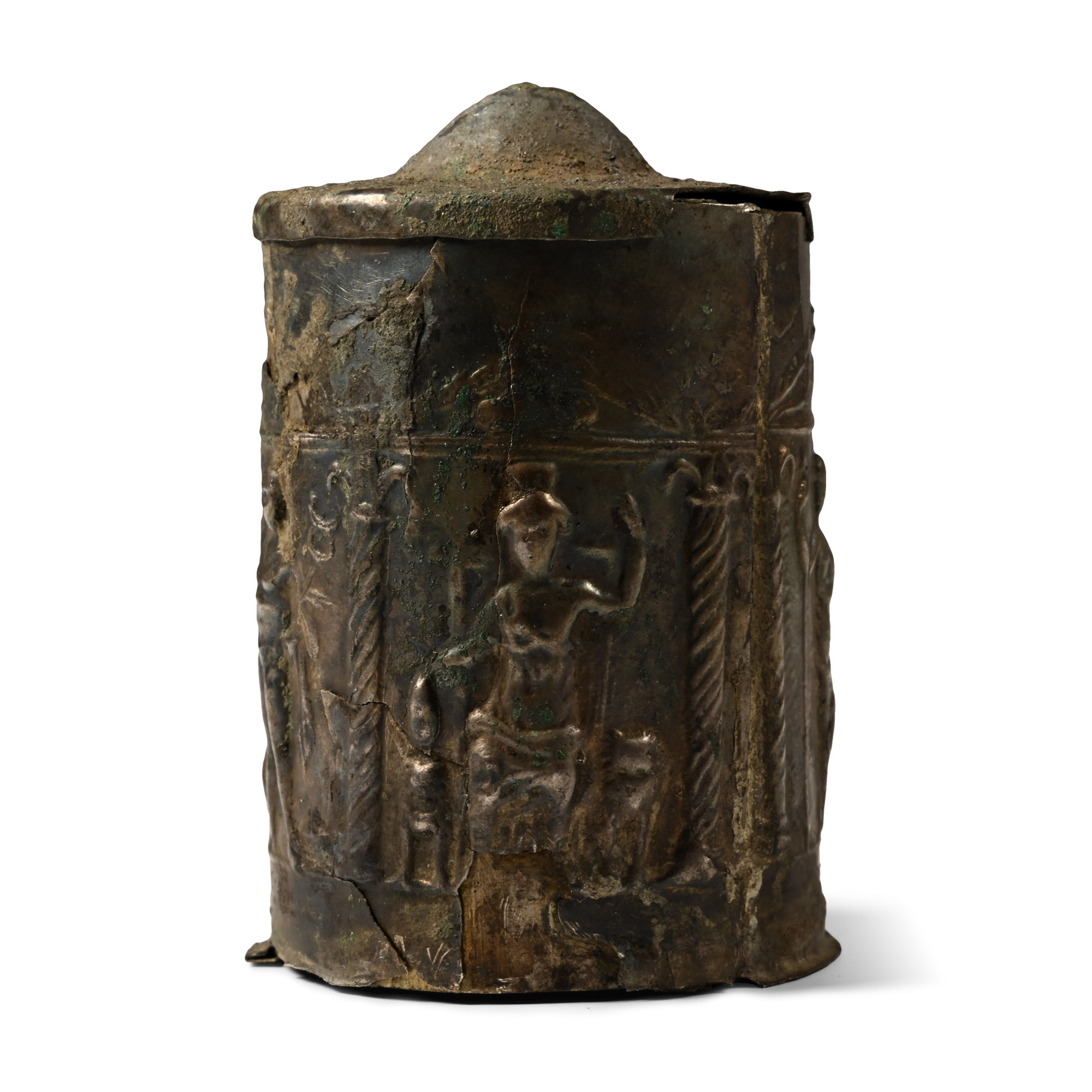 Roman Silver Lidded Pyxis with Mercury, Fortuna, Minerva, Juno and Mars