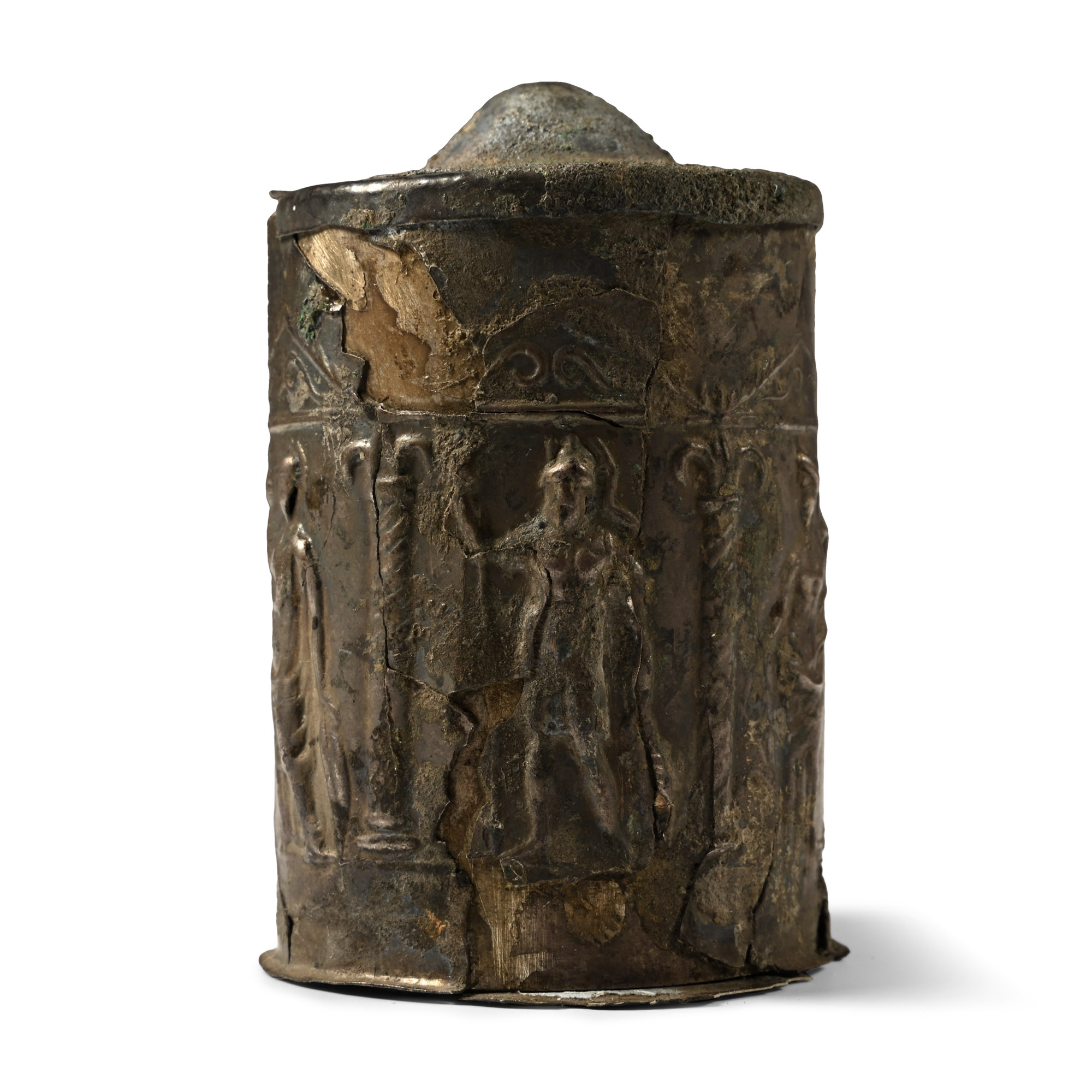 Roman Silver Lidded Pyxis with Mercury, Fortuna, Minerva, Juno and Mars
