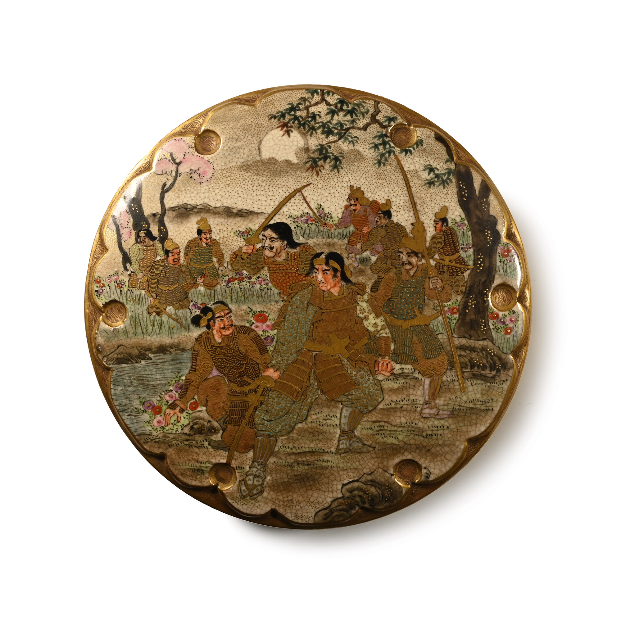 Japanese Ceramic Satsuma Box and Lid with Samurai Scene
