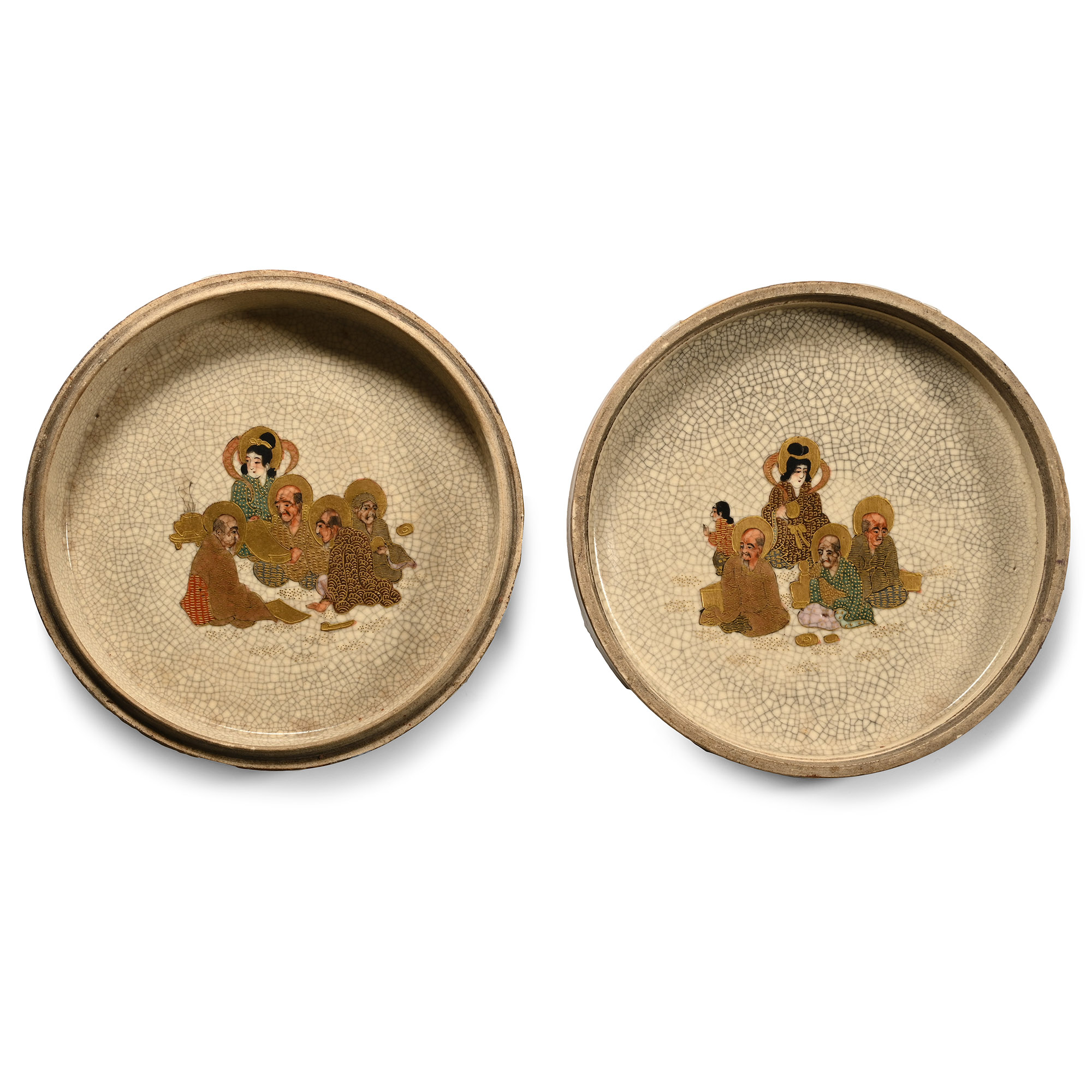 Japanese Ceramic Satsuma Box and Lid with Samurai Scene