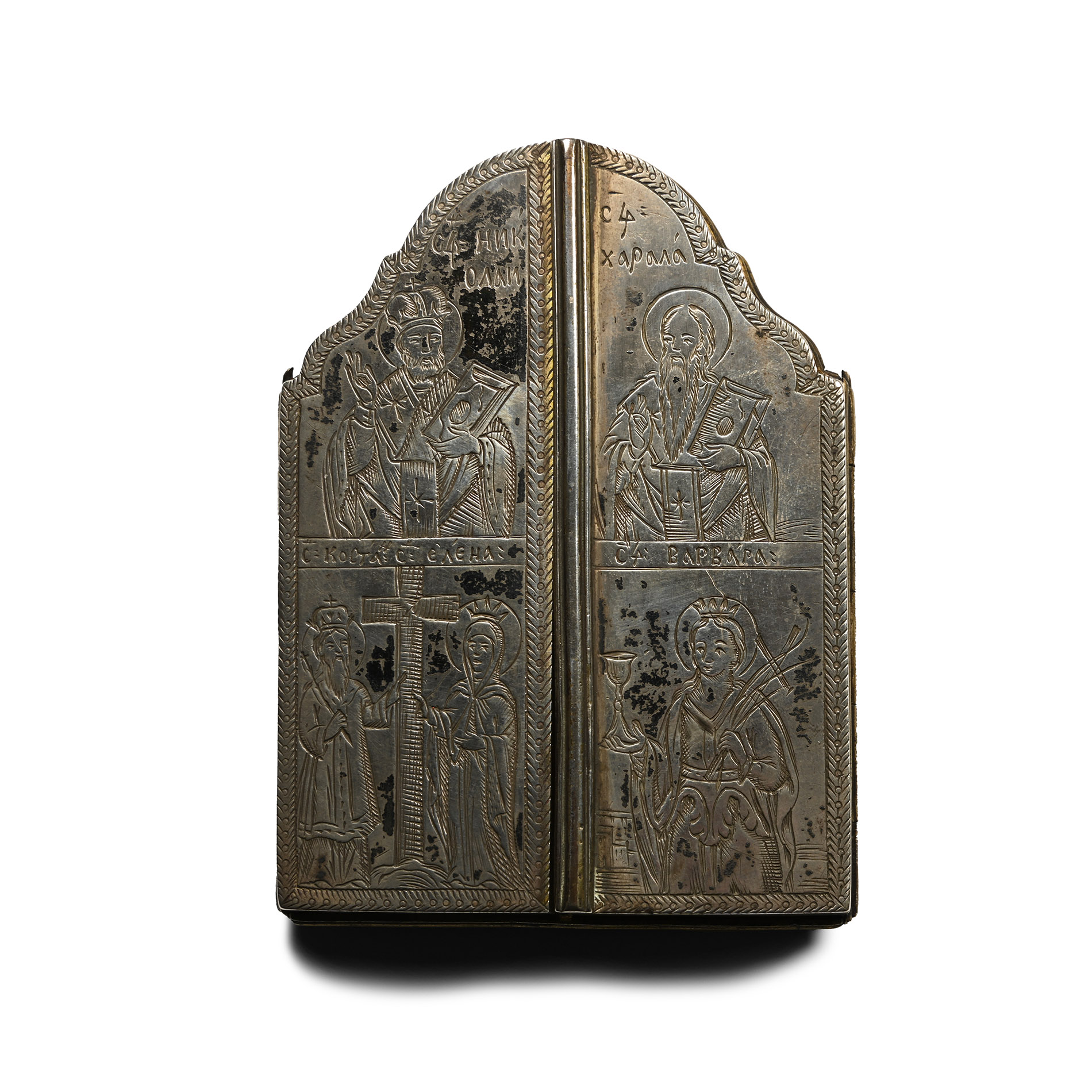 Russian Travelling Triptych Icon with Silver Mounts