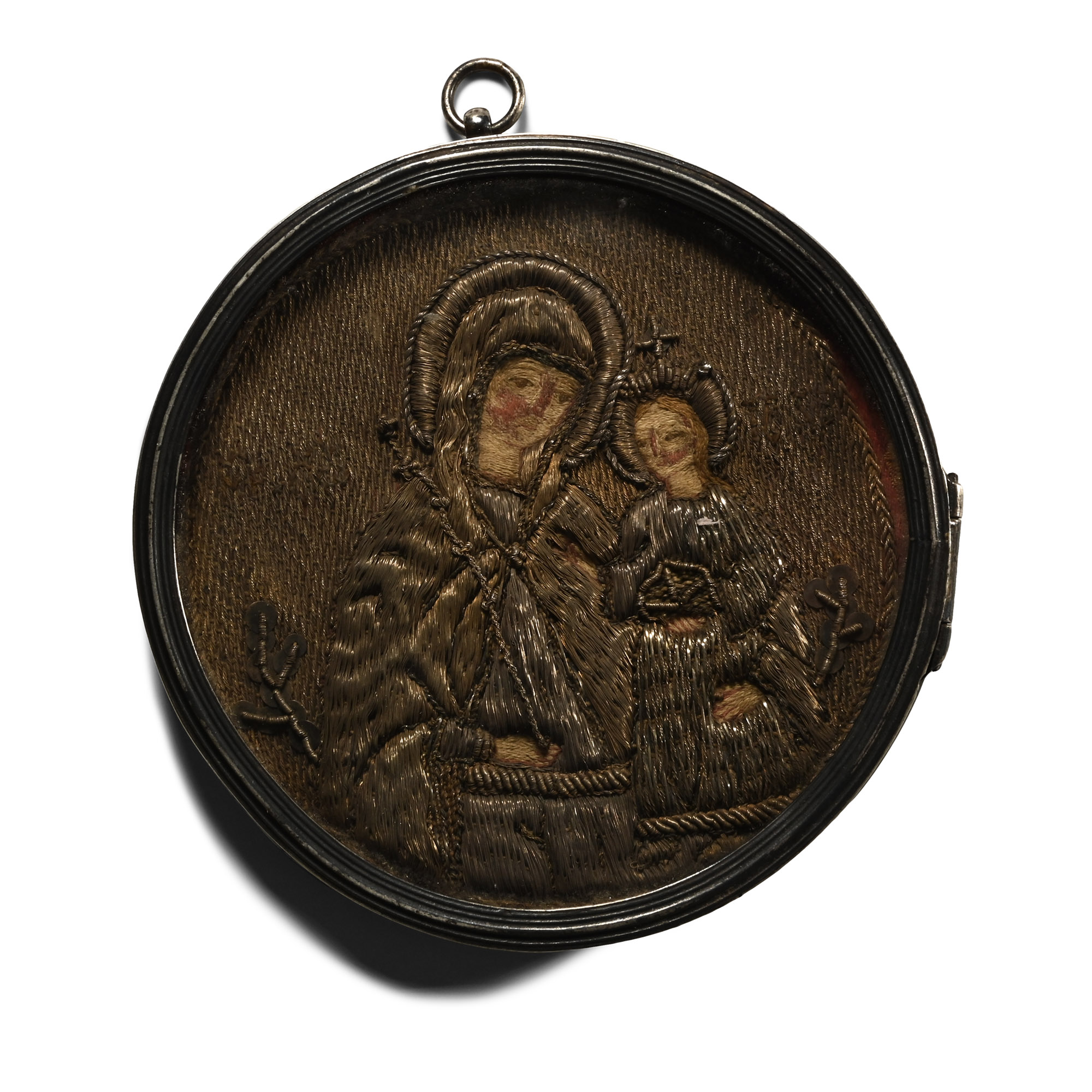 Greek Gold Thread Needle Point with Mary and Jesus in Silver with Inscription to the Archbishop of Jerusalem