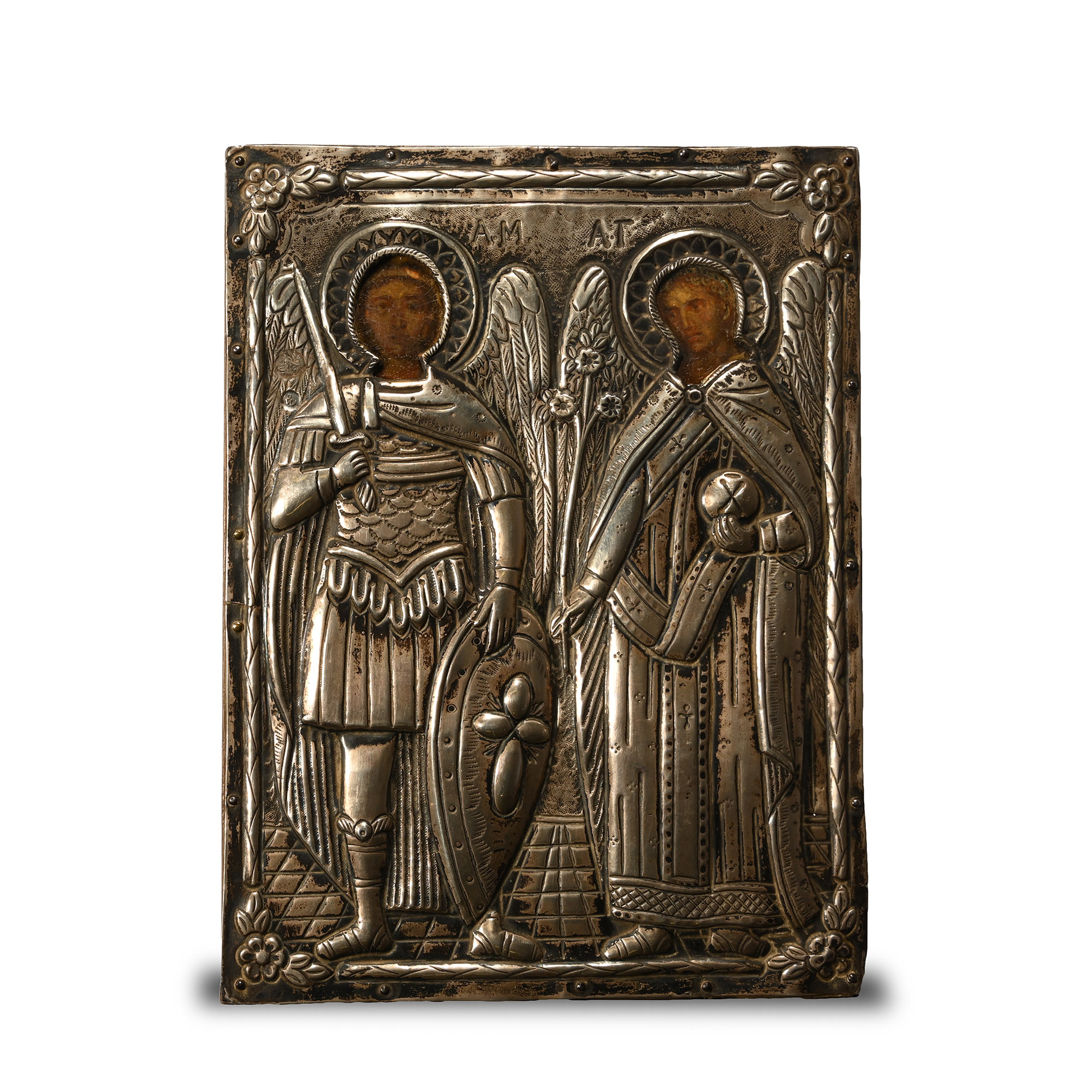 Greek  Wooden Icon with Silver Cover Showing Saint Michael and Gabriel