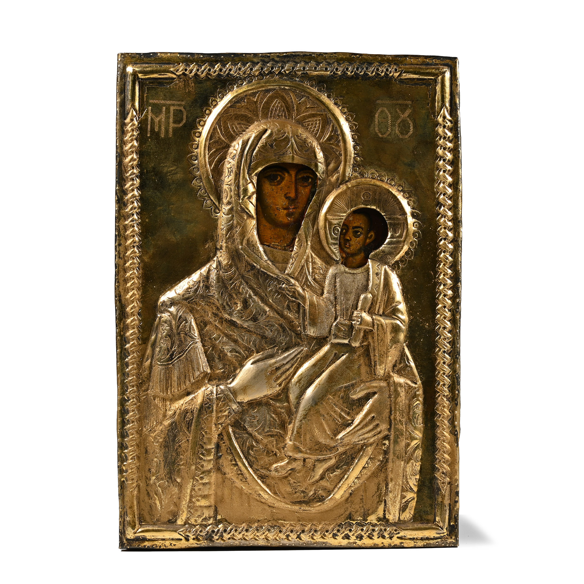 Greek Icon with Mother of God 'Hodegetria' with Silver-Gilt Cover