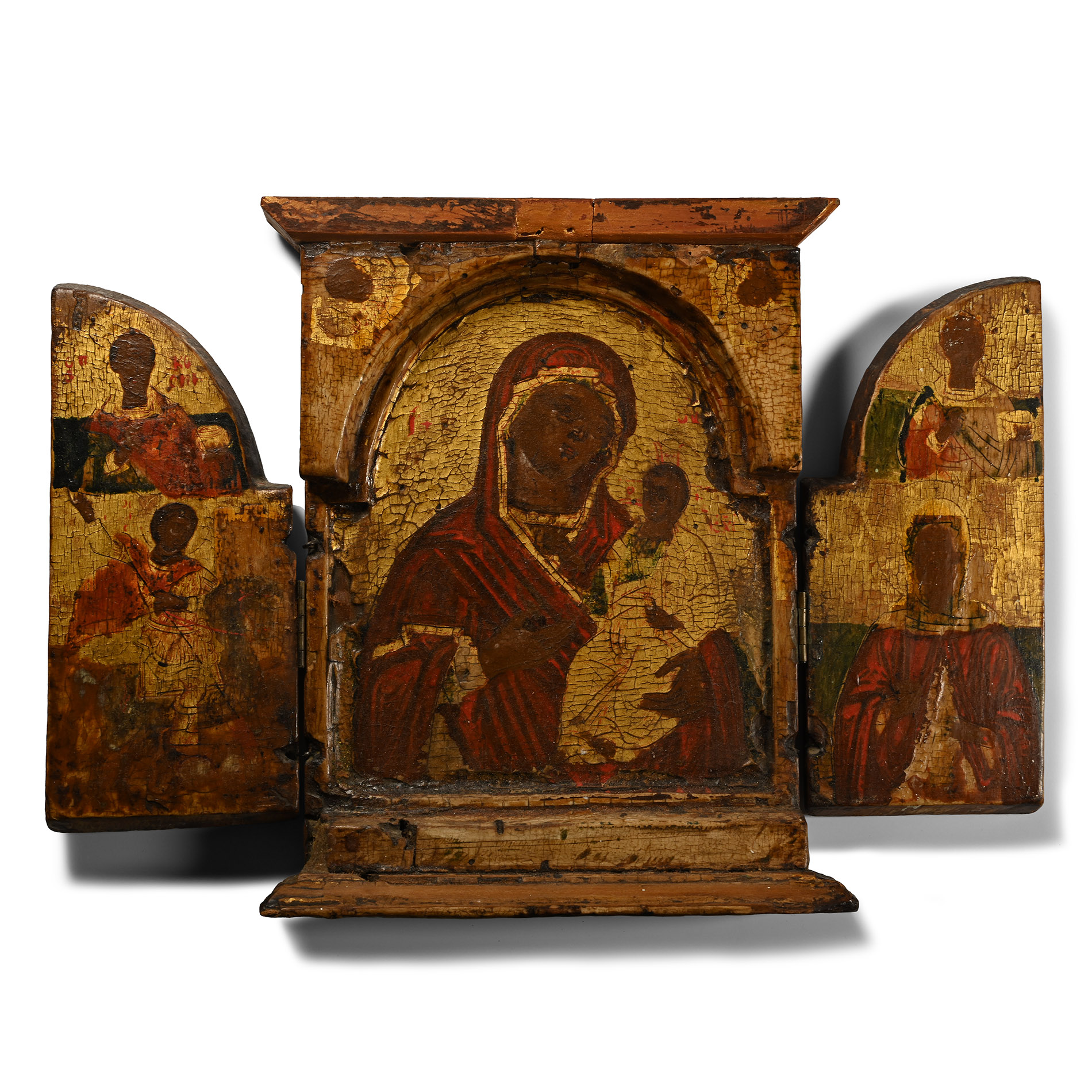 Greek Triptych Icon with Mother of God and Christ, Saint George and Other Saints