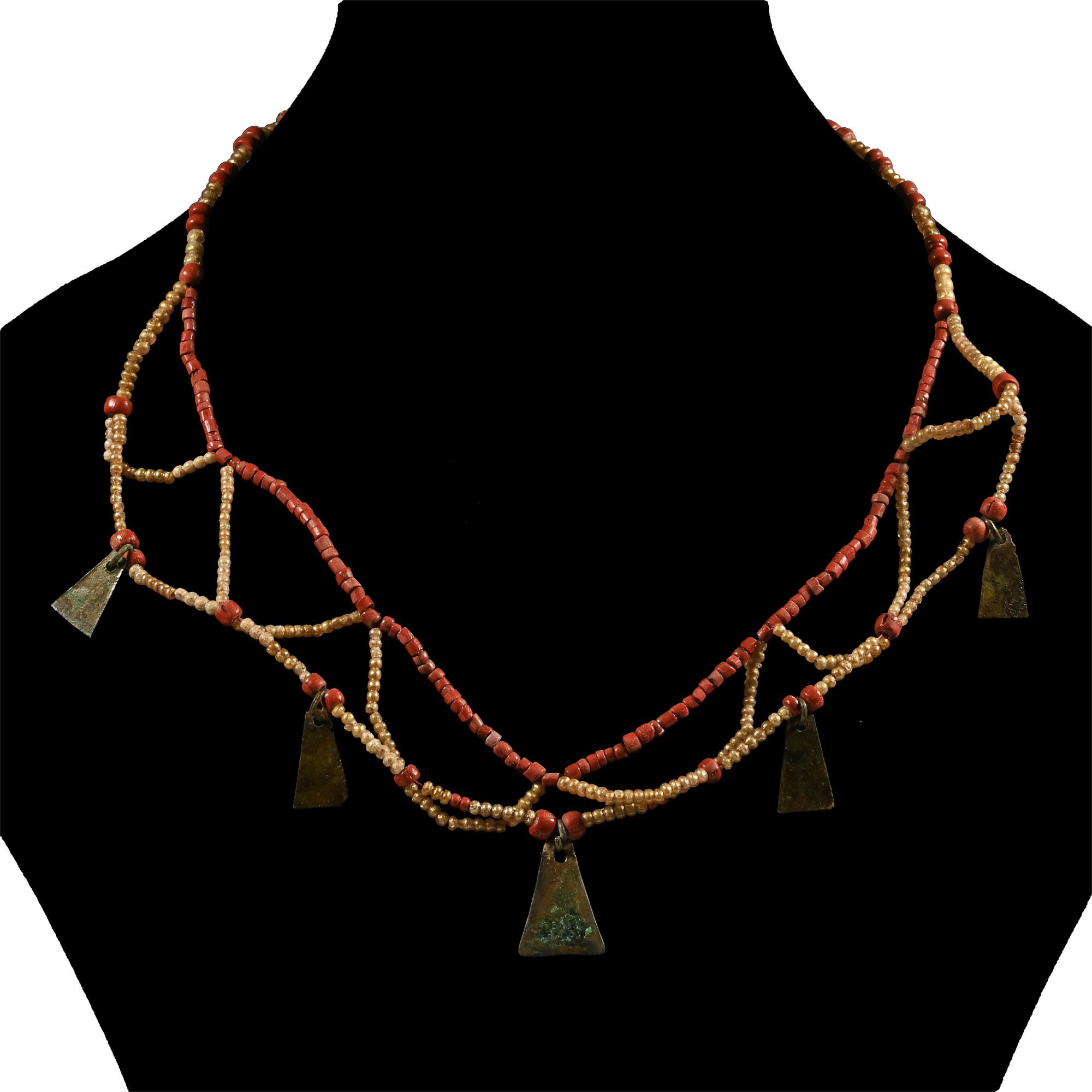 Viking Age Gold-in-Glass Bead Necklace String with Axe Pendants