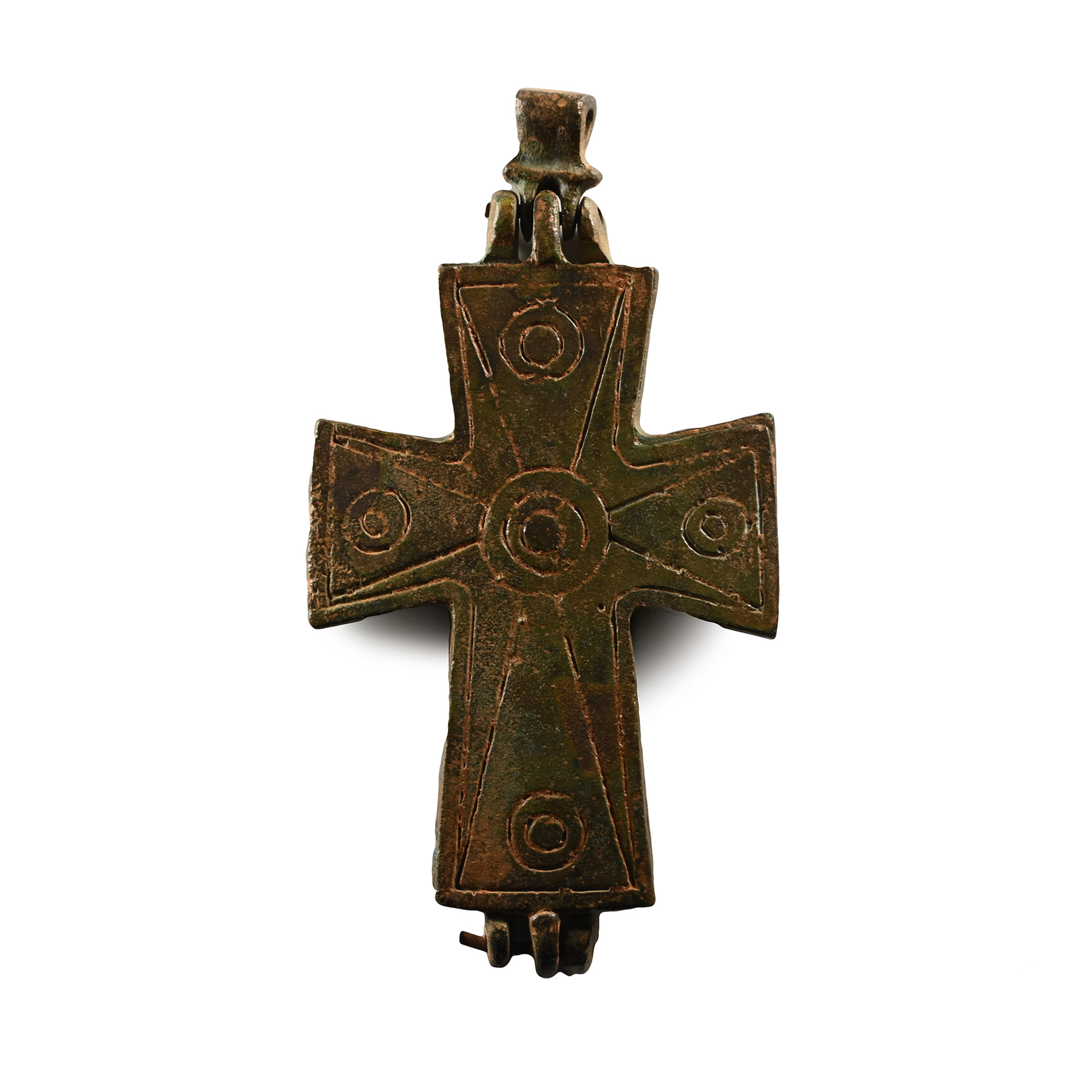 Large Byzantine Bronze Reliquary Cross Pendant